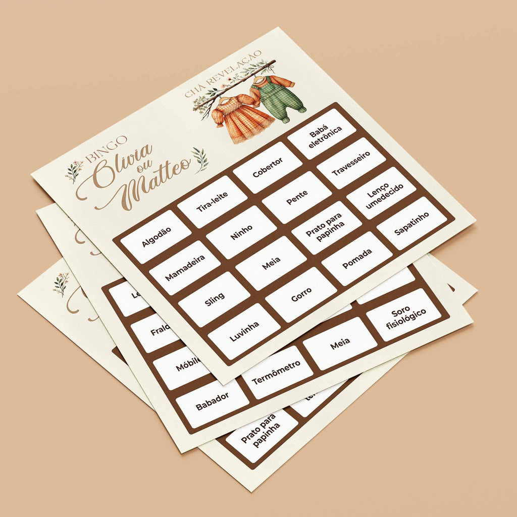 Cartelas de Bingo Chá Revelação Roupinhas
