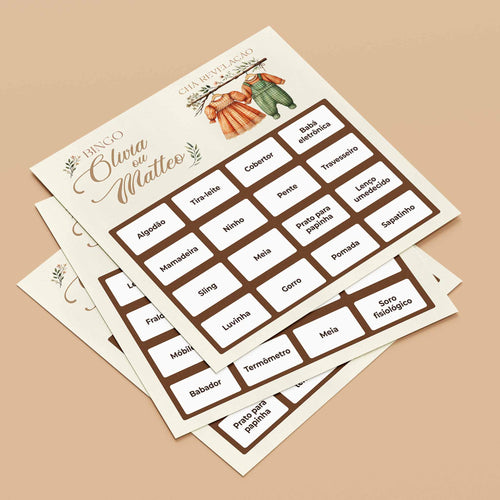 Cartelas de Bingo Chá Revelação Roupinhas