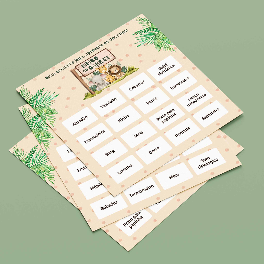 Cartelas de Bingo Chá de Bebê Safari