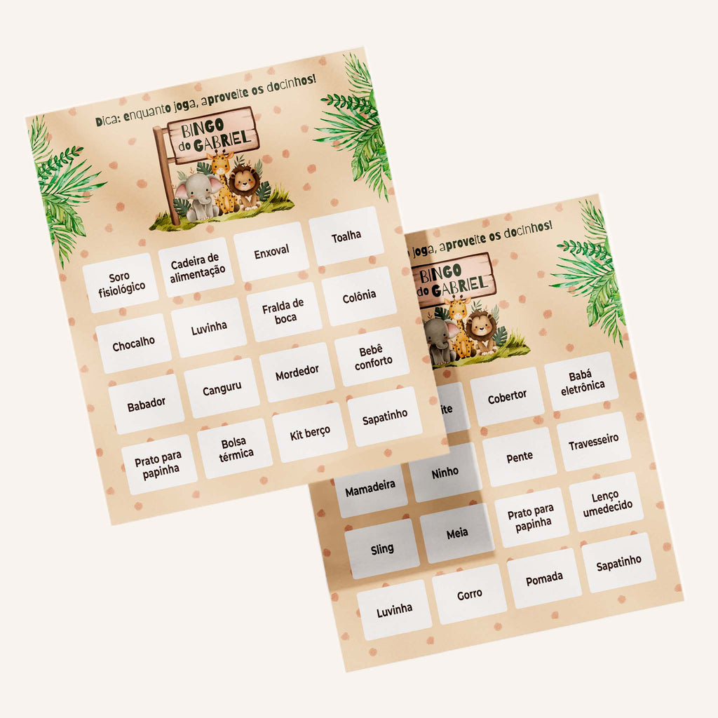 Cartelas de Bingo Chá de Bebê Safari
