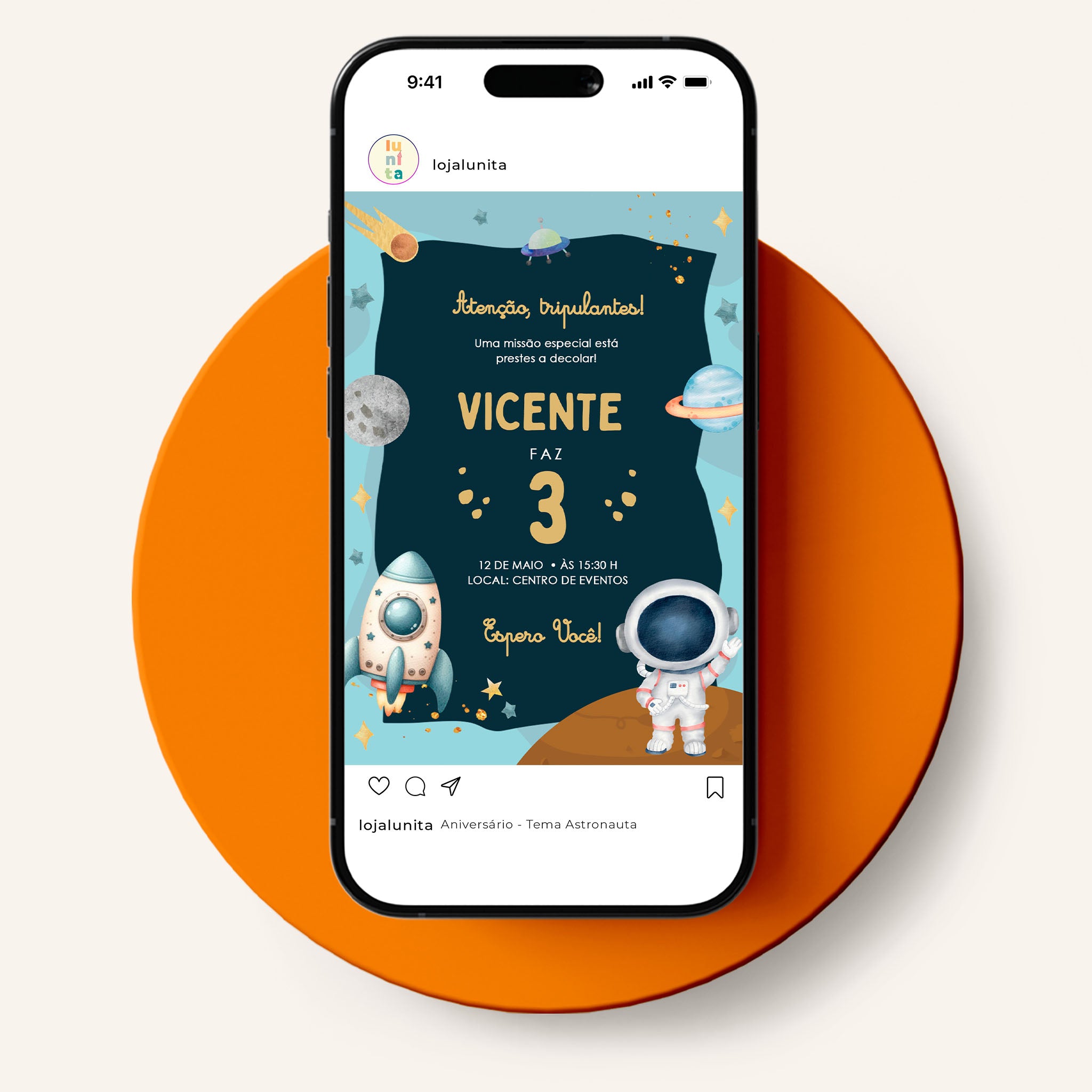 Invitación digital de cumpleaños de astronauta