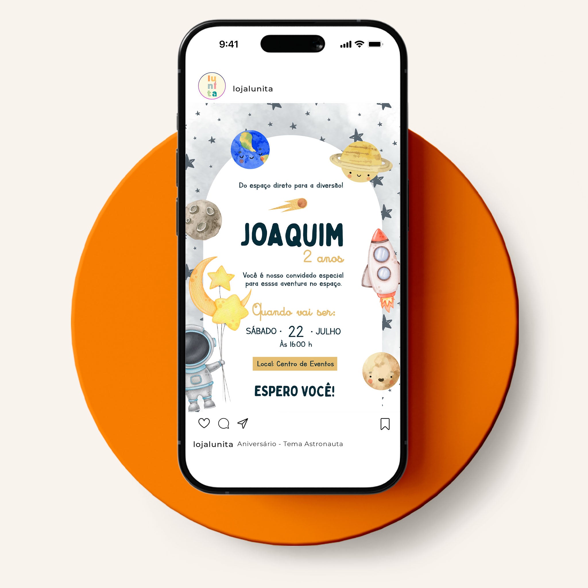Invitación digital de cumpleaños de astronauta