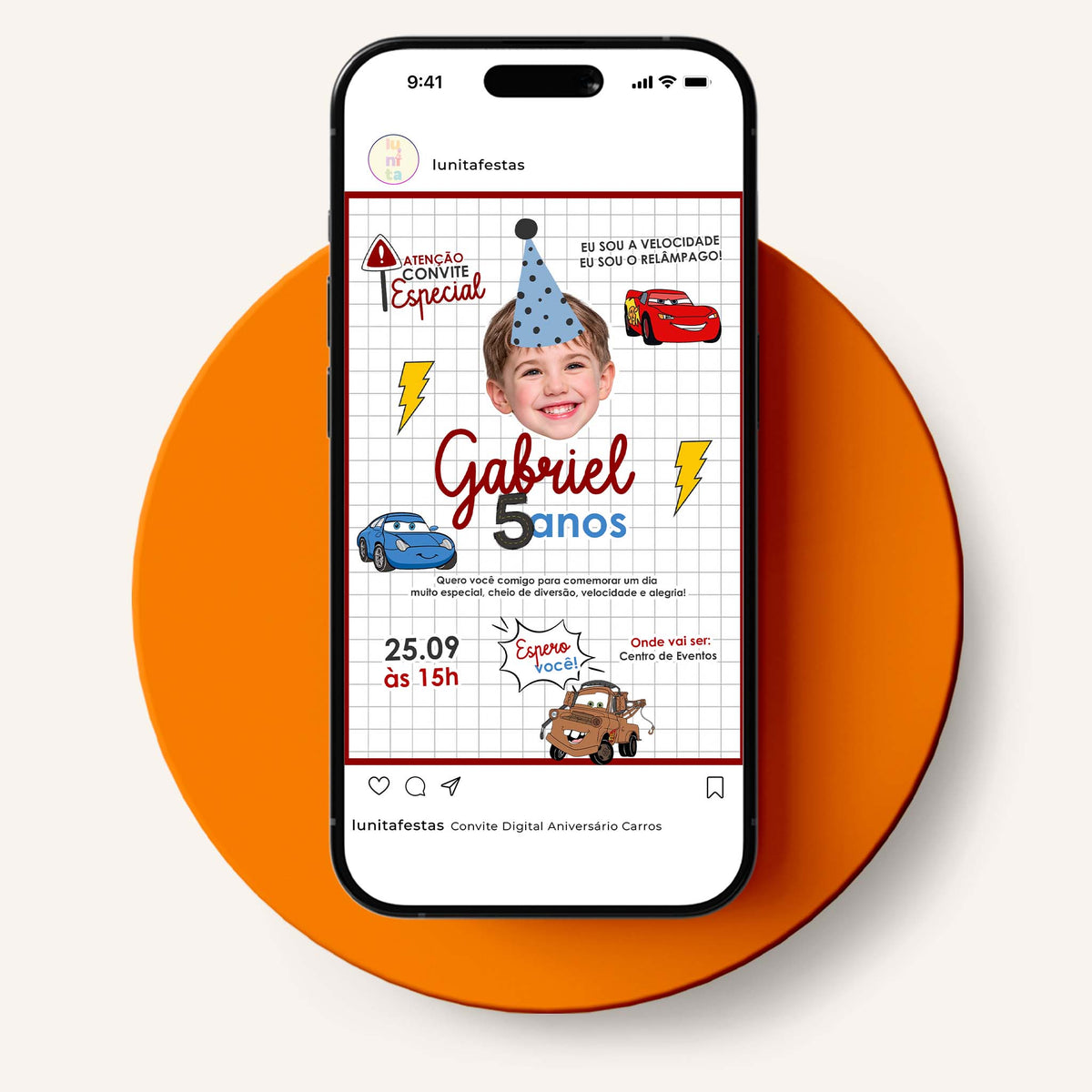Convite Digital Aniversário Carros com Rostinho
