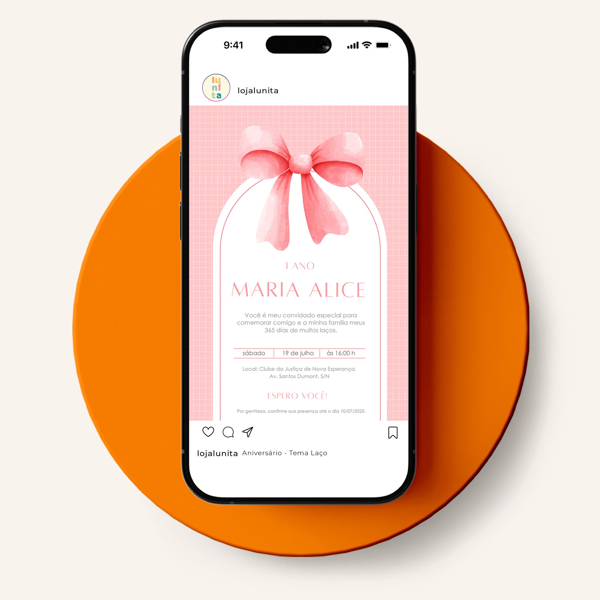 Invitación digital de cumpleaños con lazo rosa