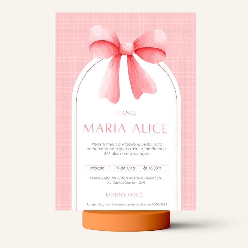 Invitación digital de cumpleaños con lazo rosa