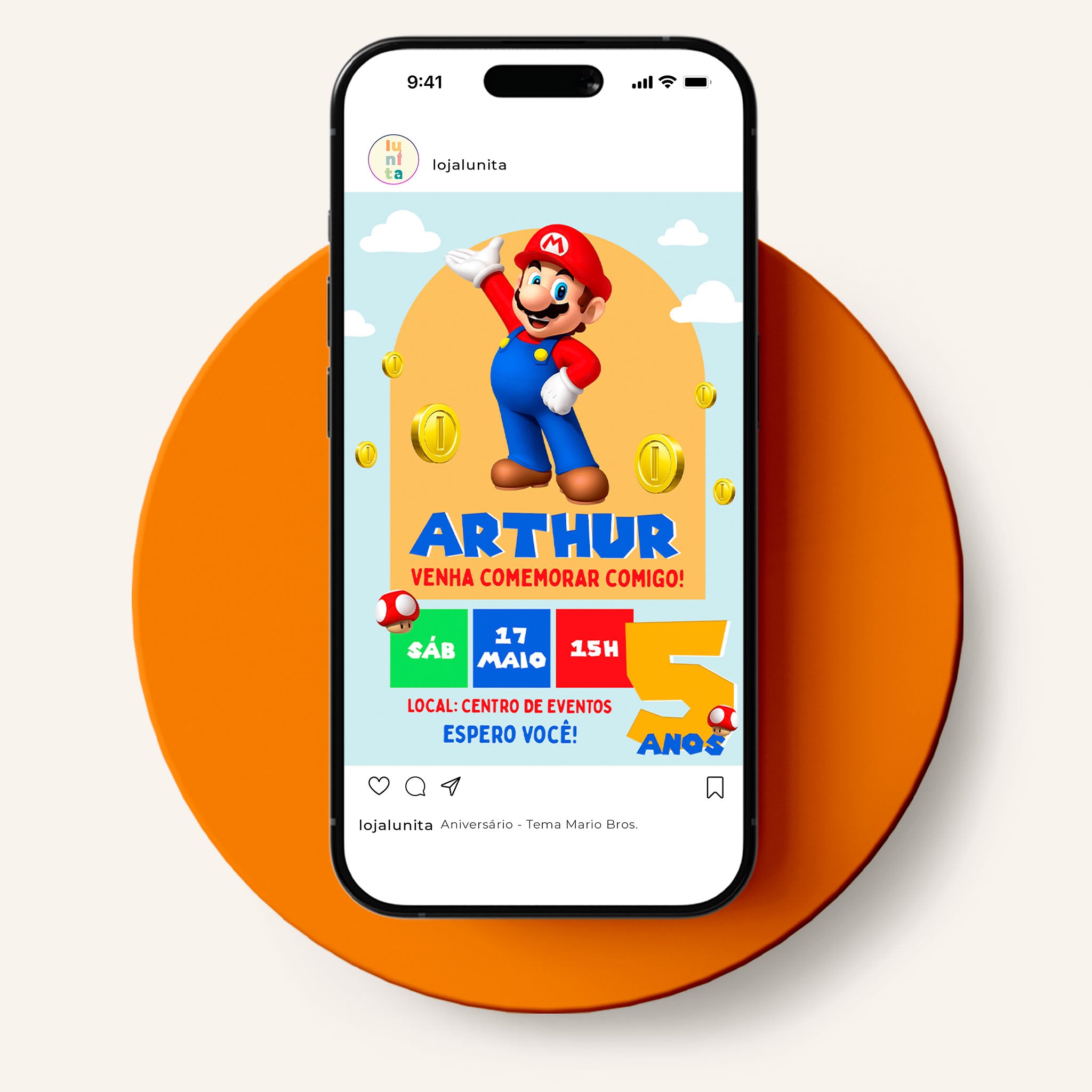 Invitación digital de cumpleaños de Mario Bros.