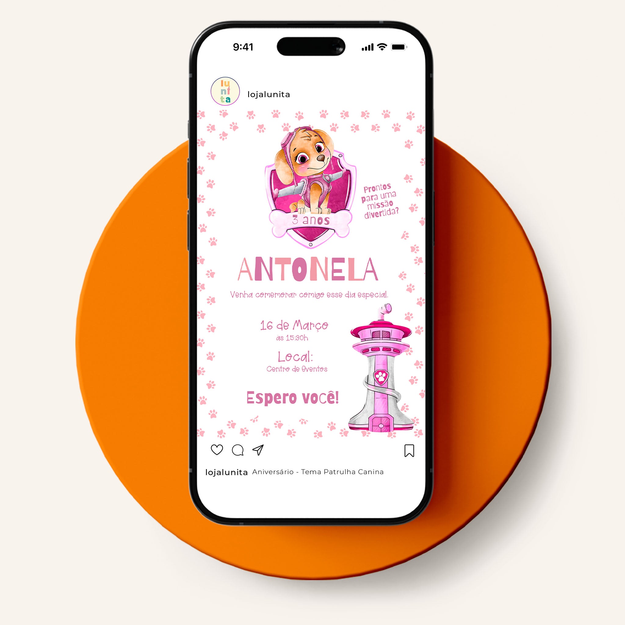 Invitación digital de cumpleaños de Skye de la Patrulla Canina