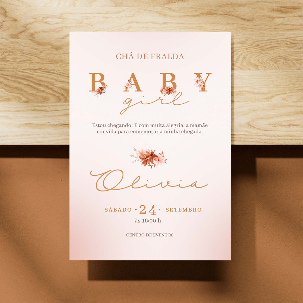 Invitación digital para baby shower con flores bohemias