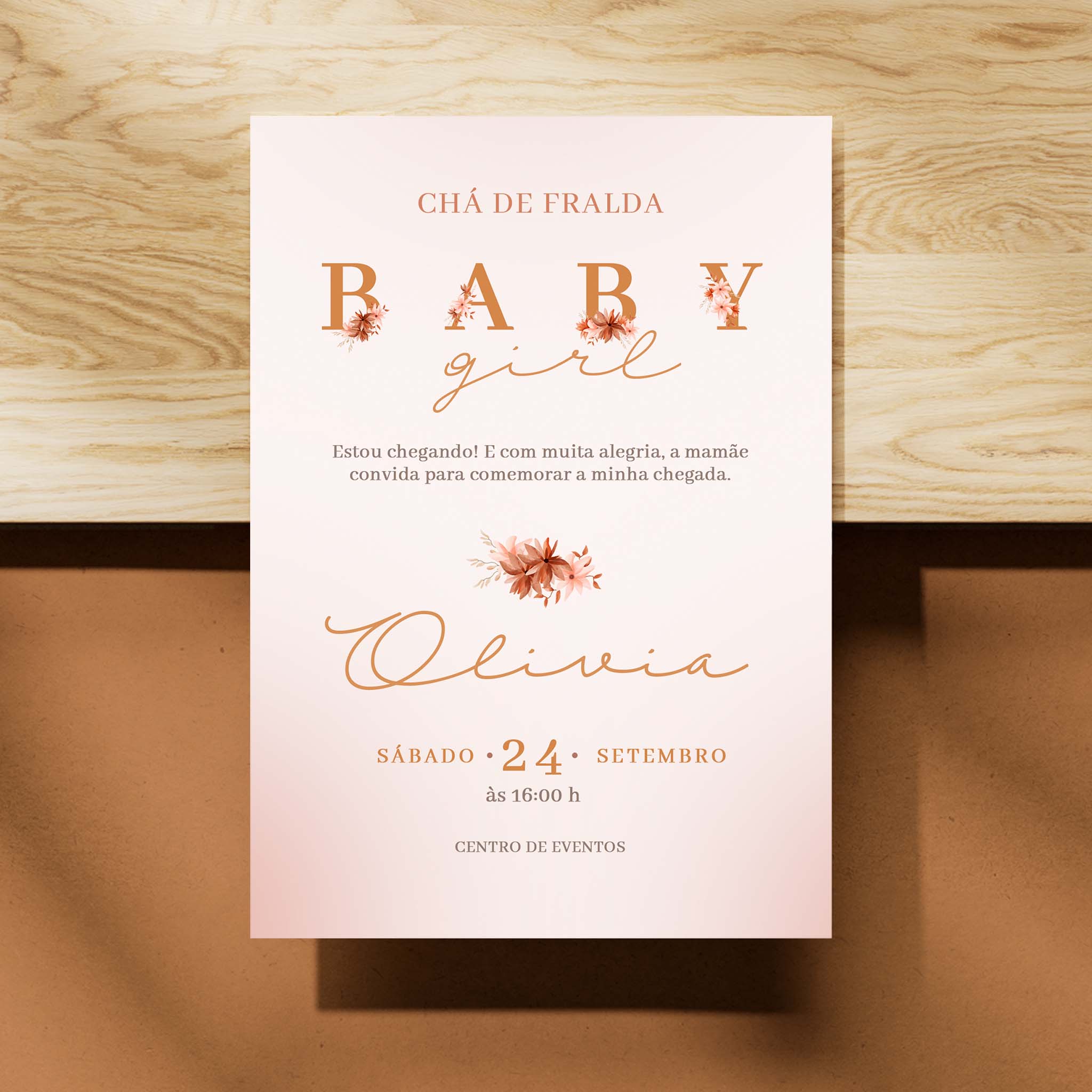 Invitación digital para baby shower con flores bohemias