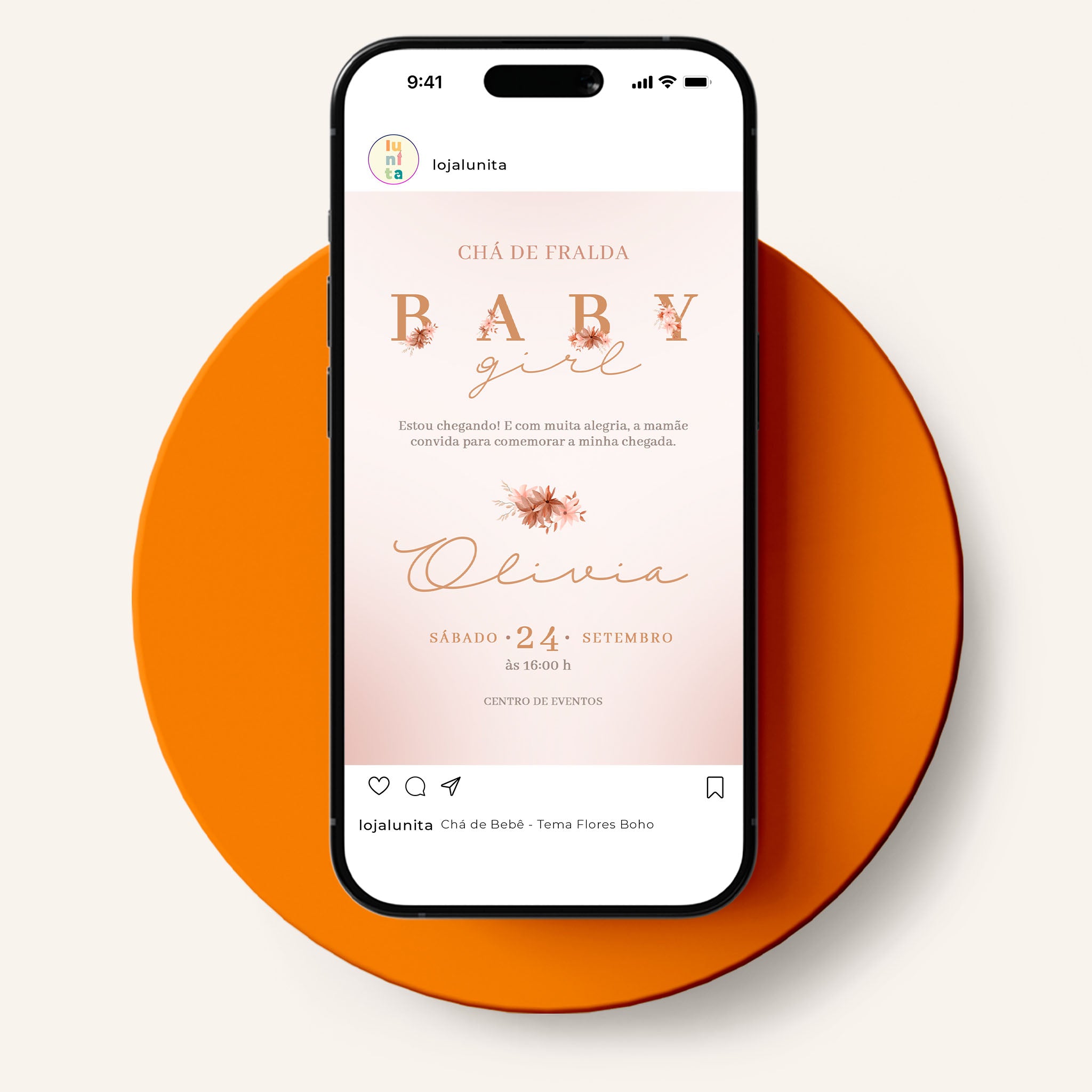 Invitación digital para baby shower con flores bohemias