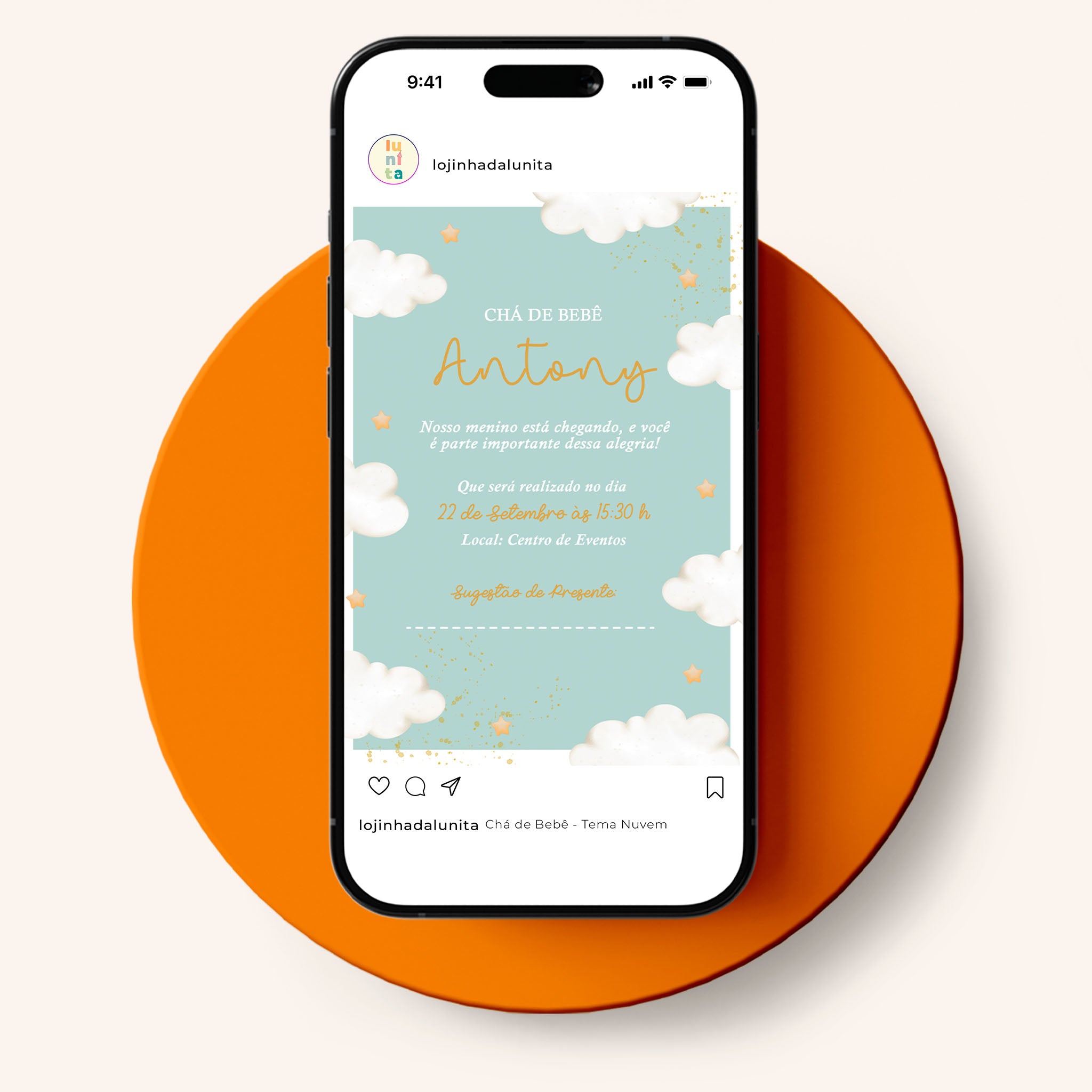 Invitación digital para baby shower con nube