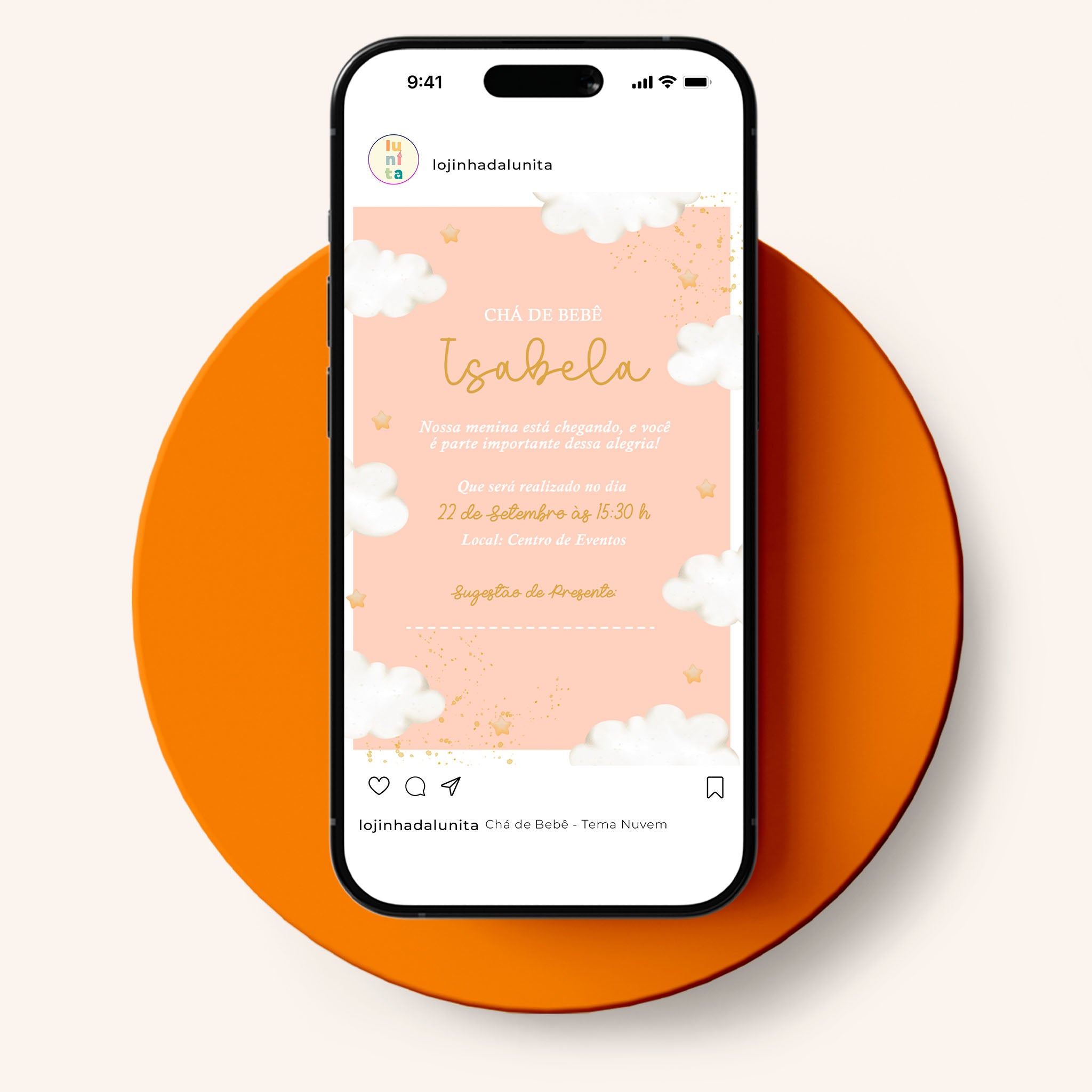 Invitación digital para baby shower con nube
