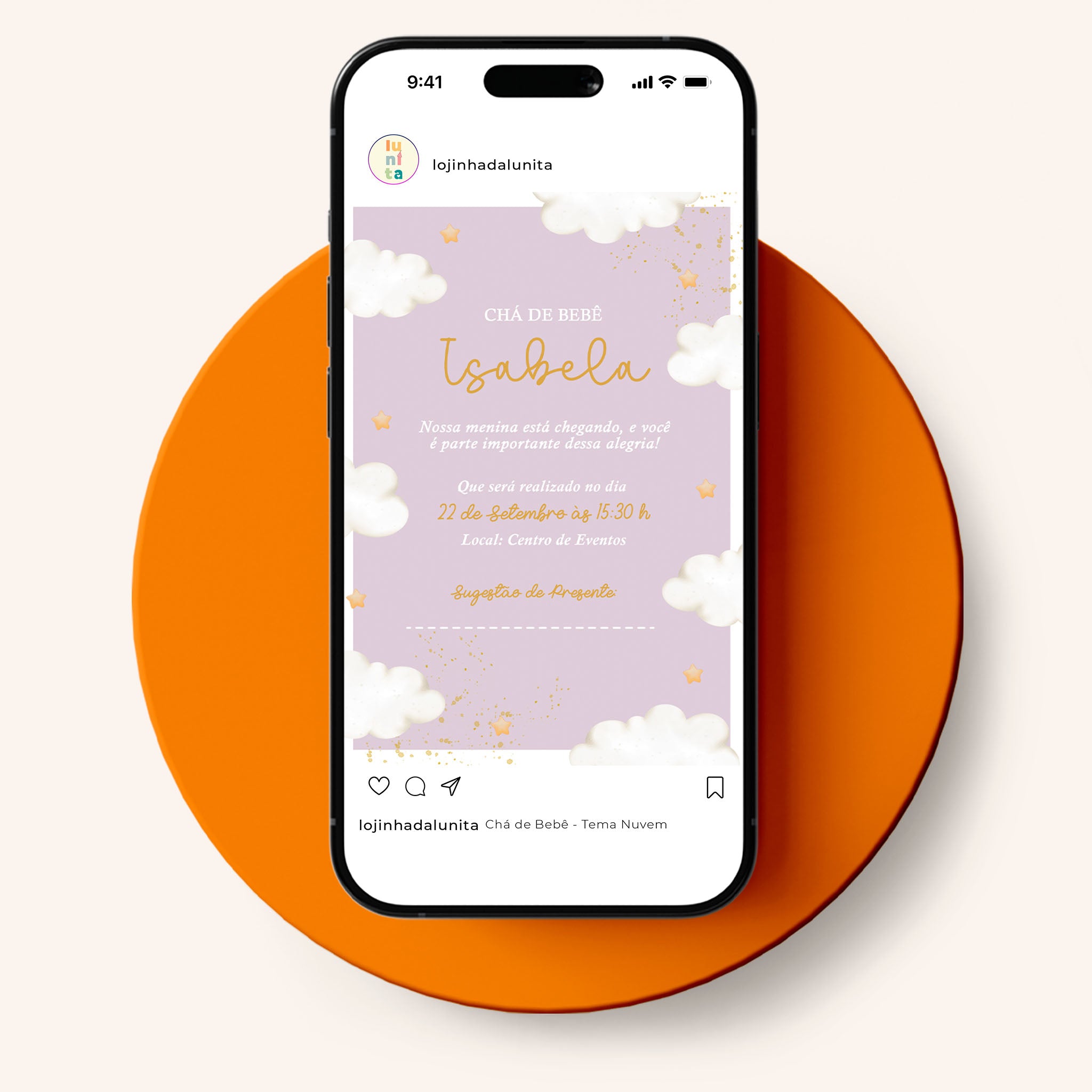 Invitación digital para baby shower con nube