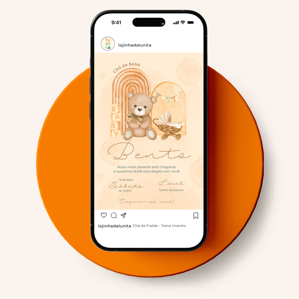 Invitación digital para baby shower con osito de peluche