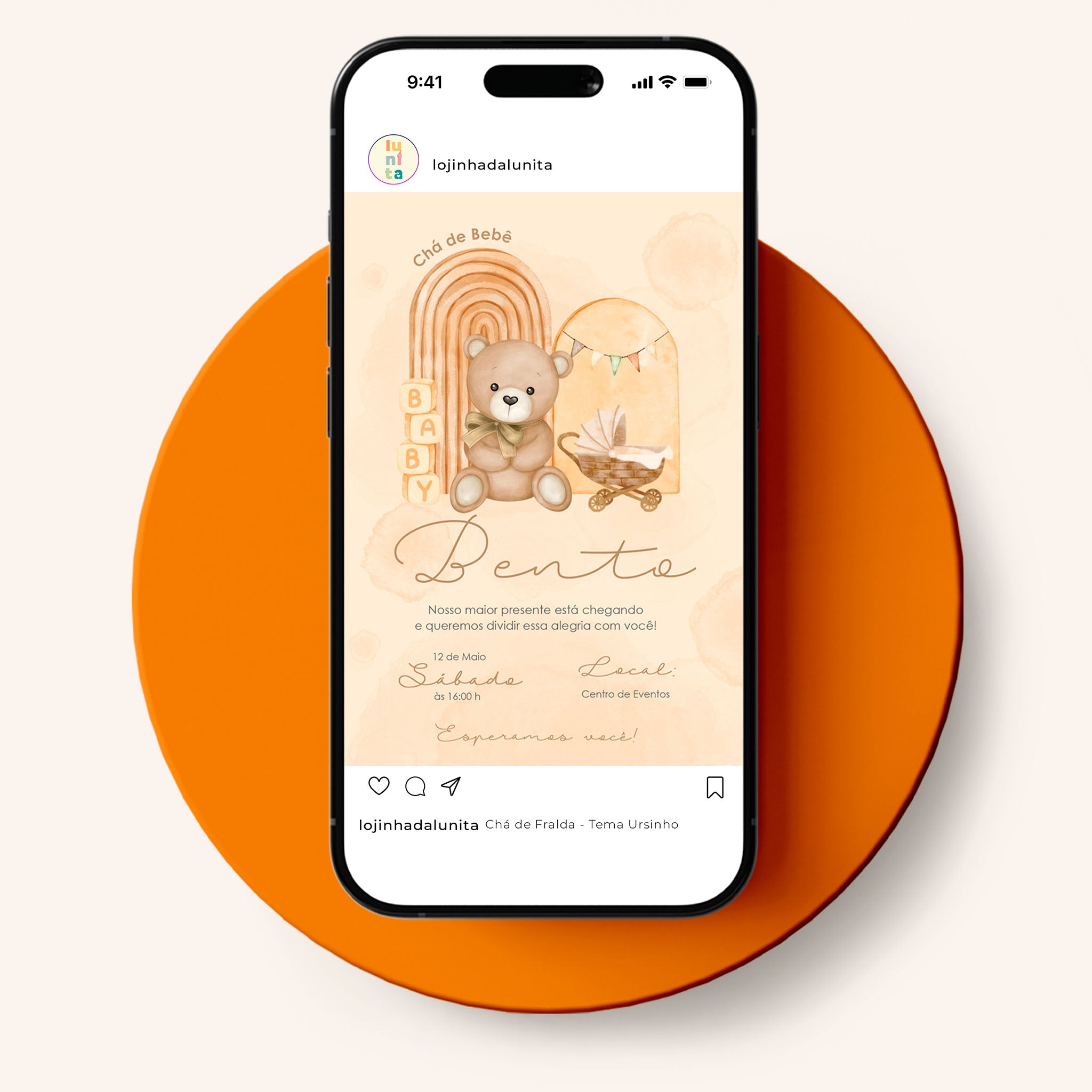Invitación digital para baby shower con osito de peluche