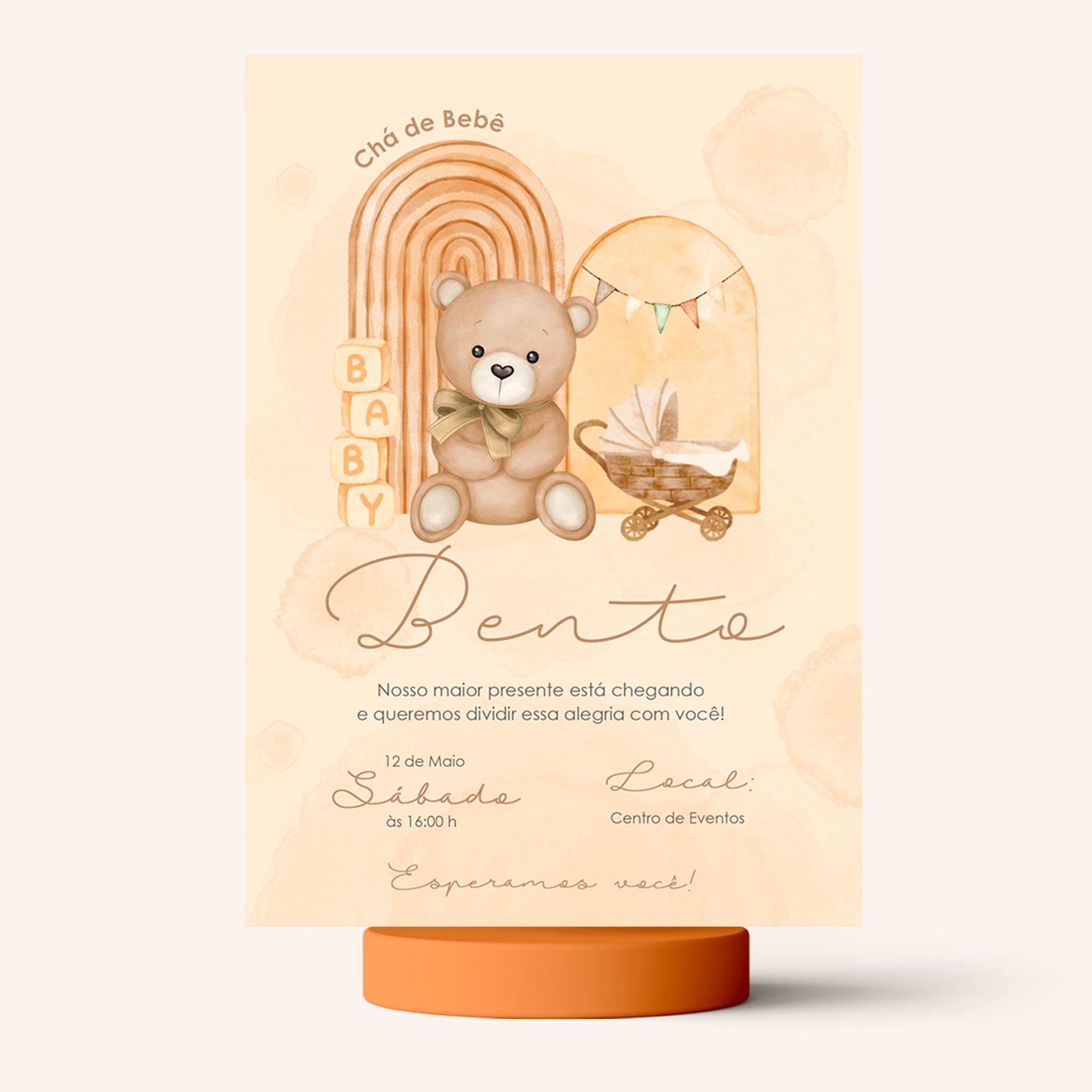 Invitación digital para baby shower con osito de peluche