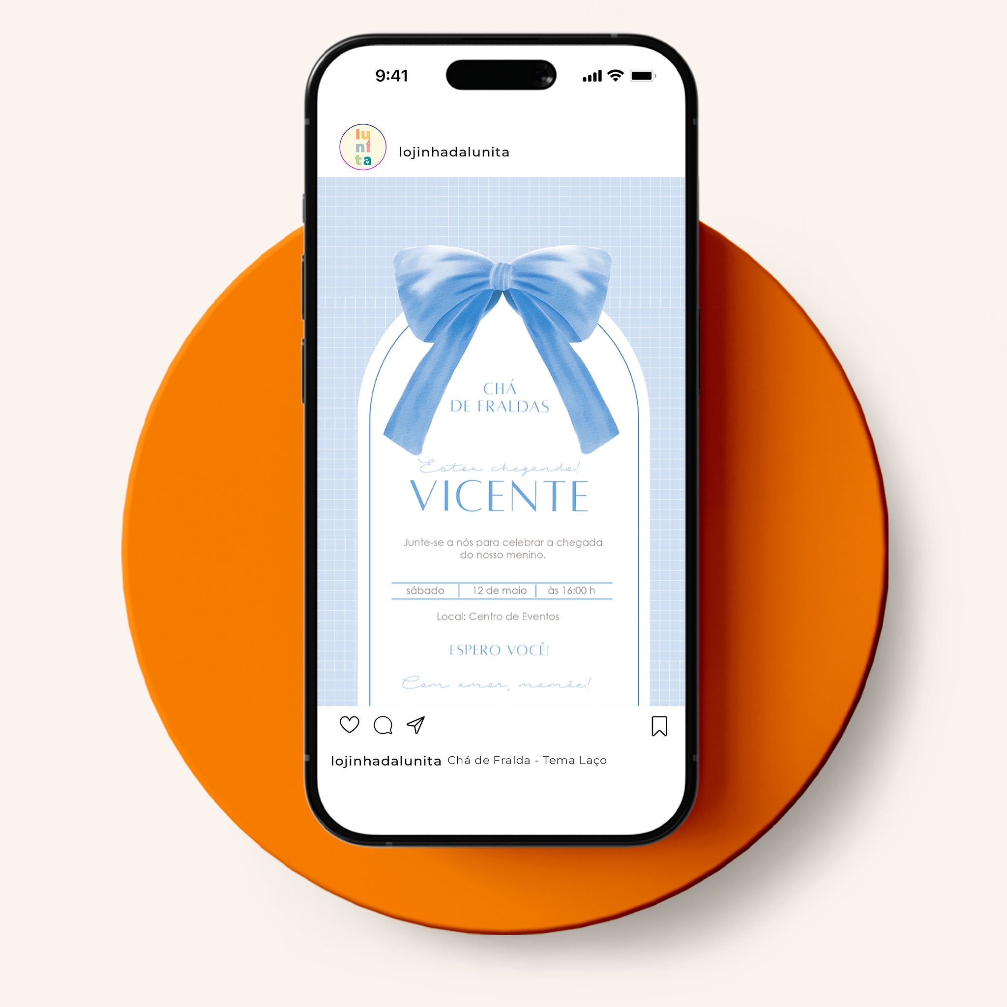 Invitación digital para baby shower con lazo