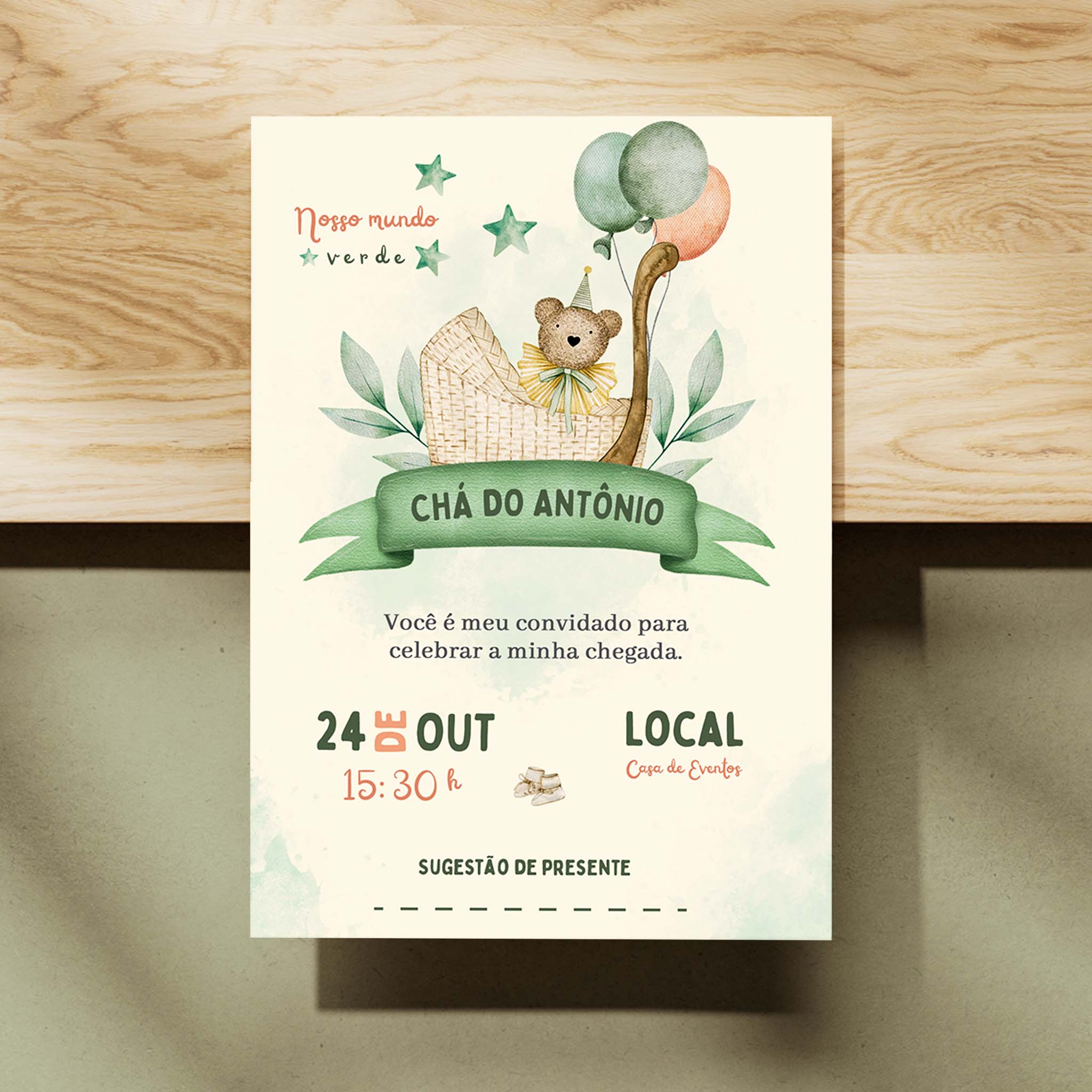 Invitación digital para baby shower con osito de peluche