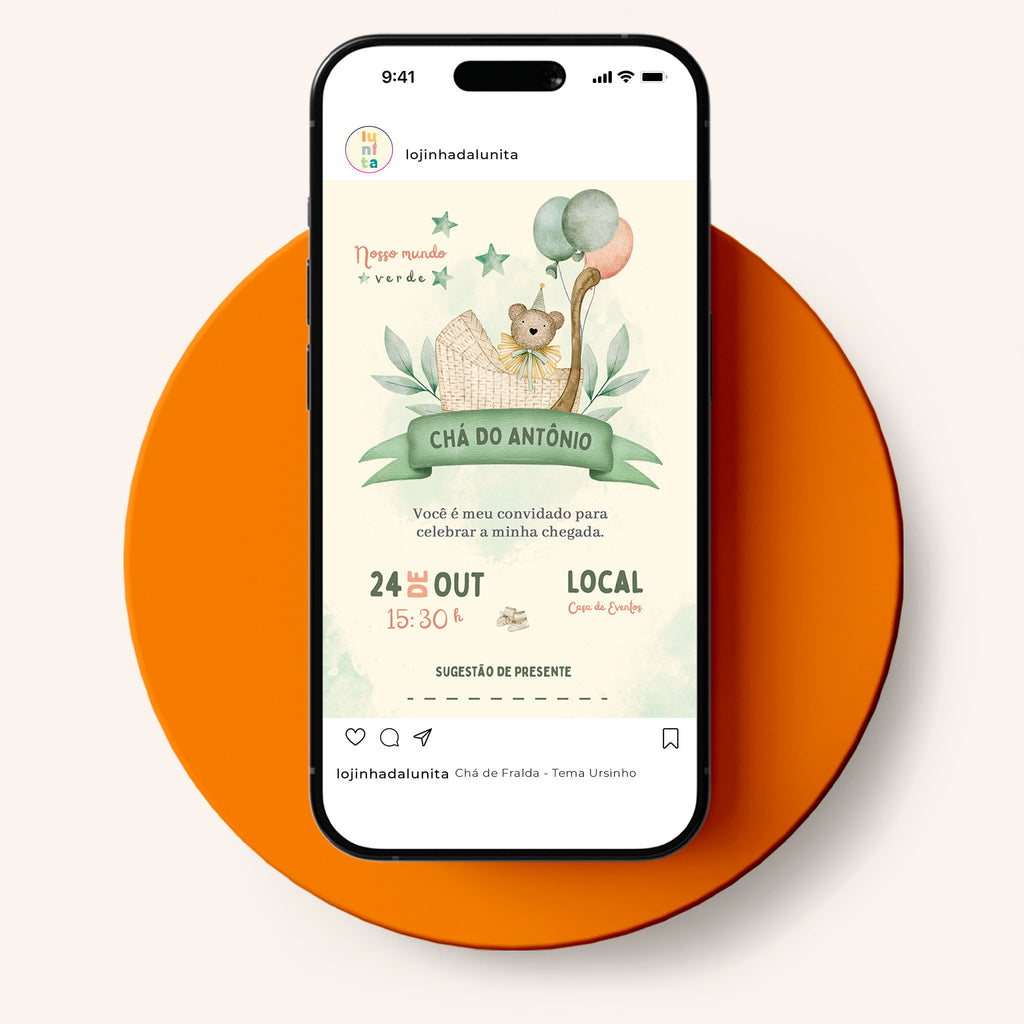 Invitación digital para baby shower con osito de peluche