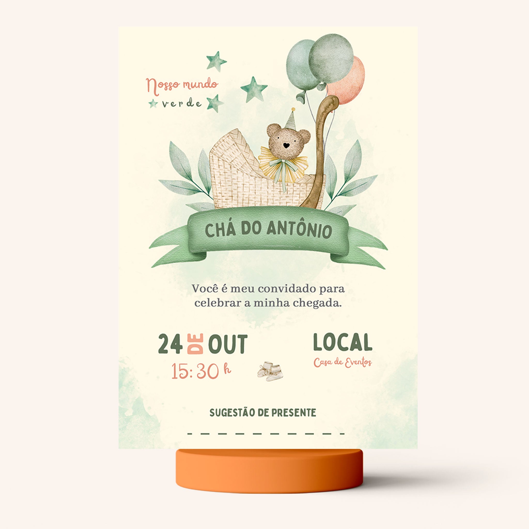 Invitación digital para baby shower con osito de peluche
