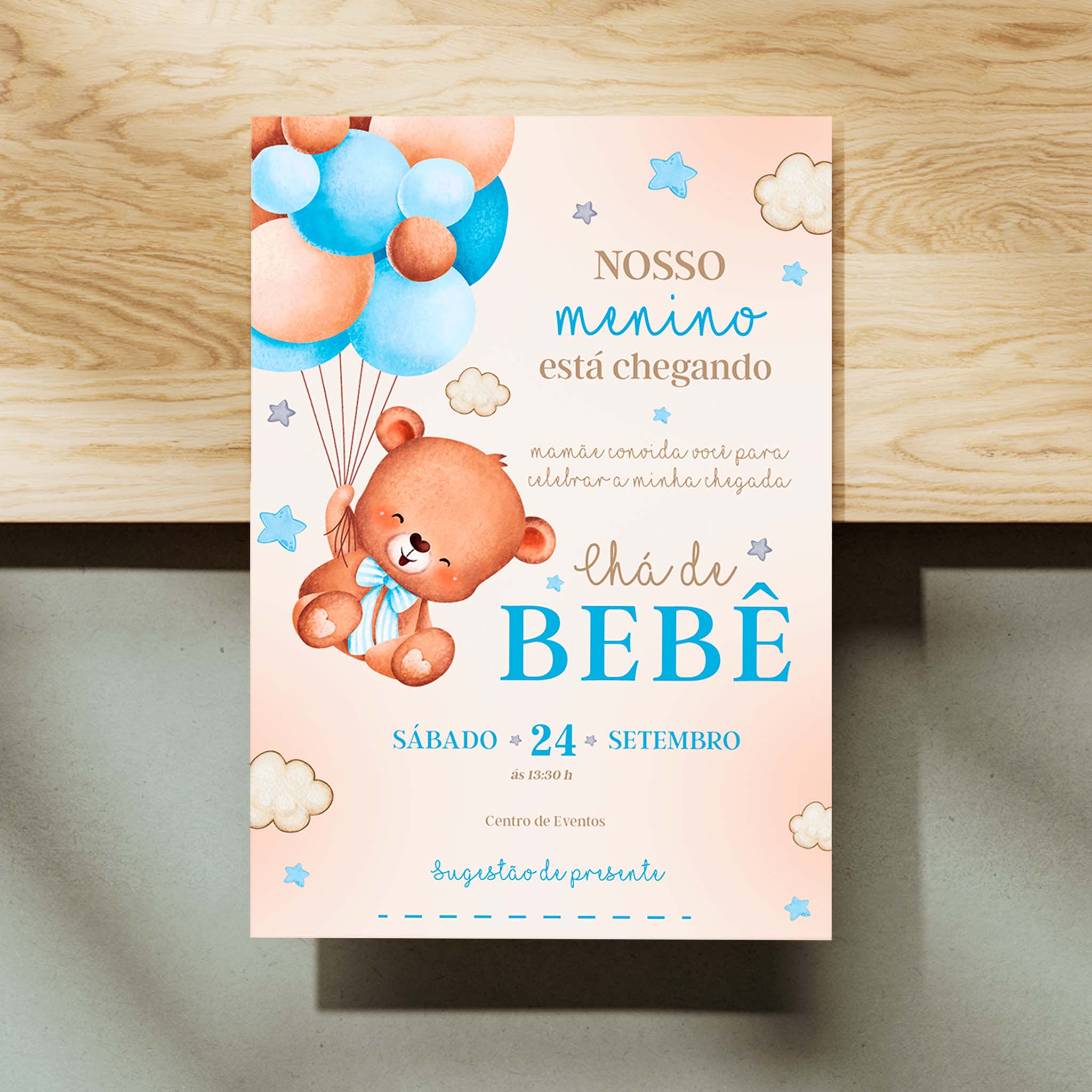 Invitación digital para baby shower con osito de peluche