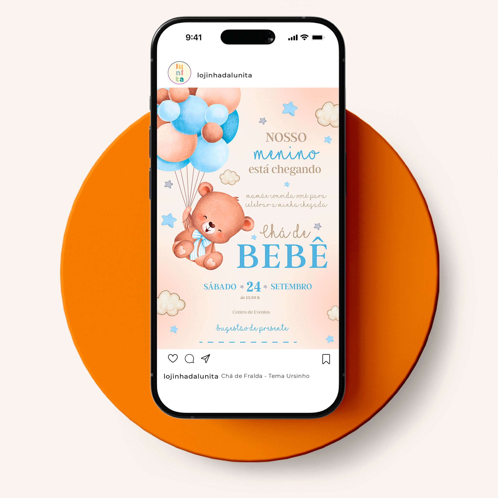 Invitación digital para baby shower con osito de peluche