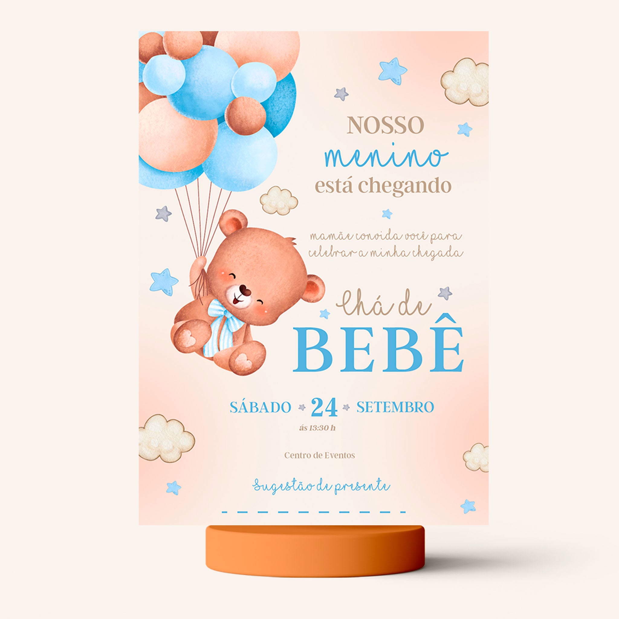 Invitación digital para baby shower con osito de peluche