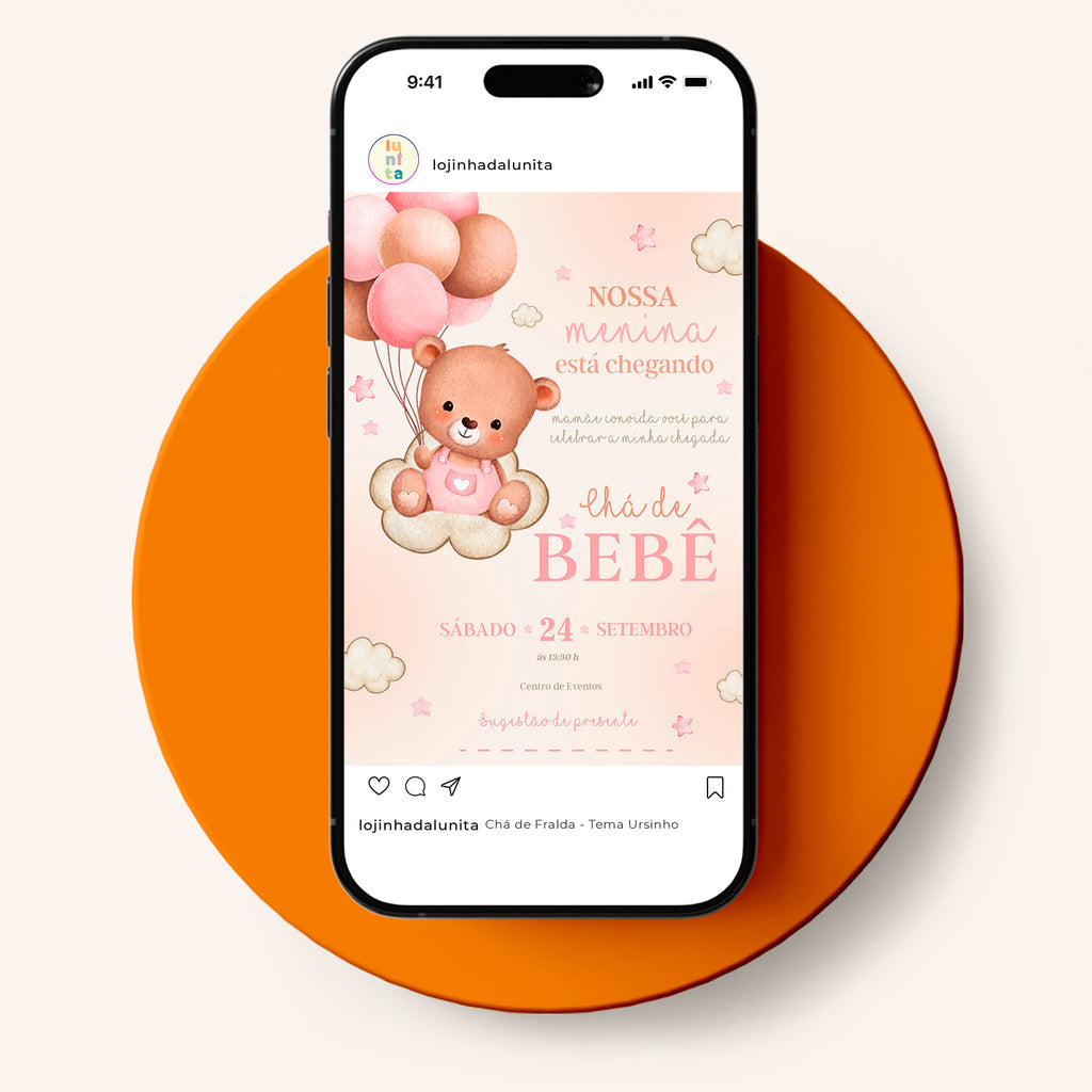 Invitación digital para baby shower con osito de peluche