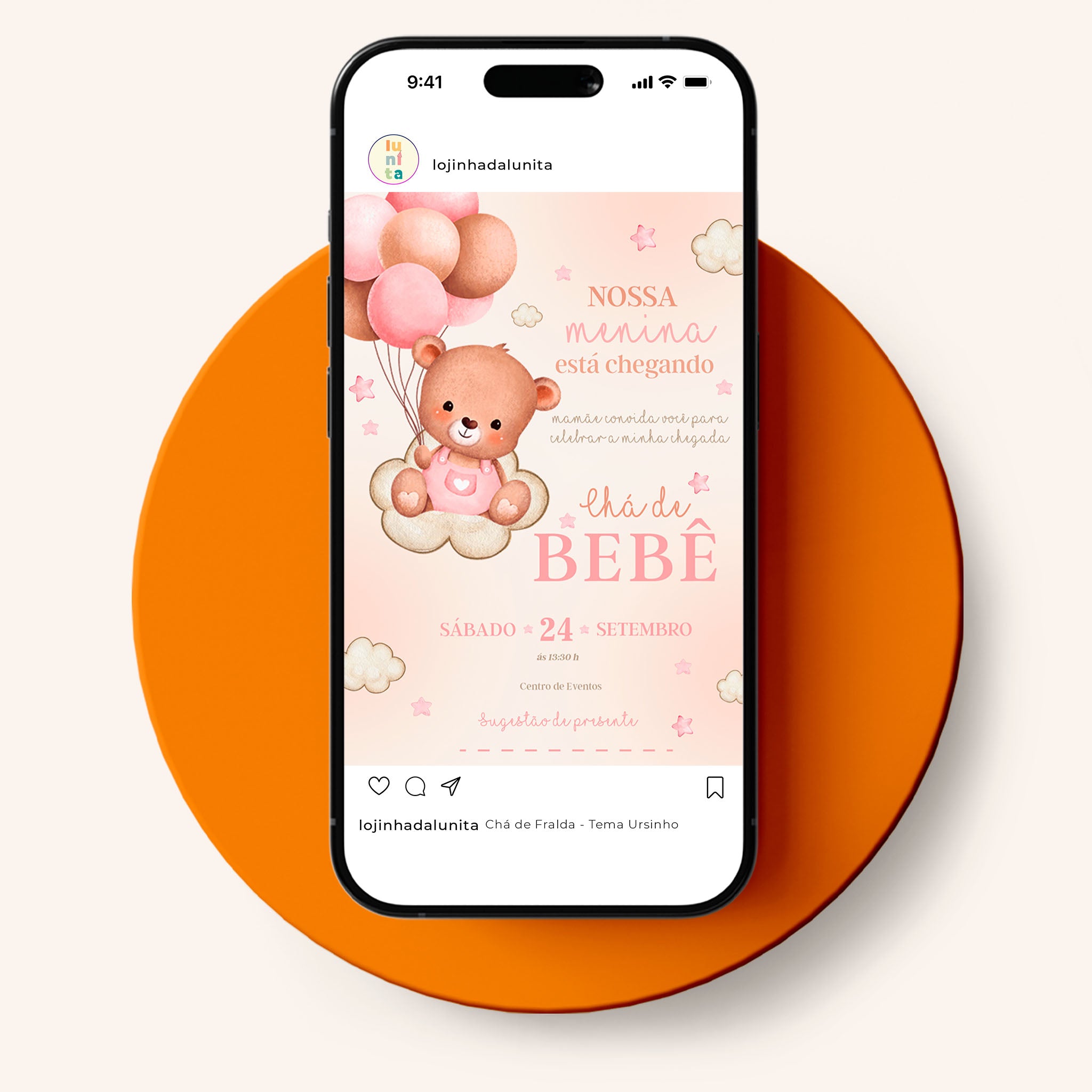Invitación digital para baby shower con osito de peluche