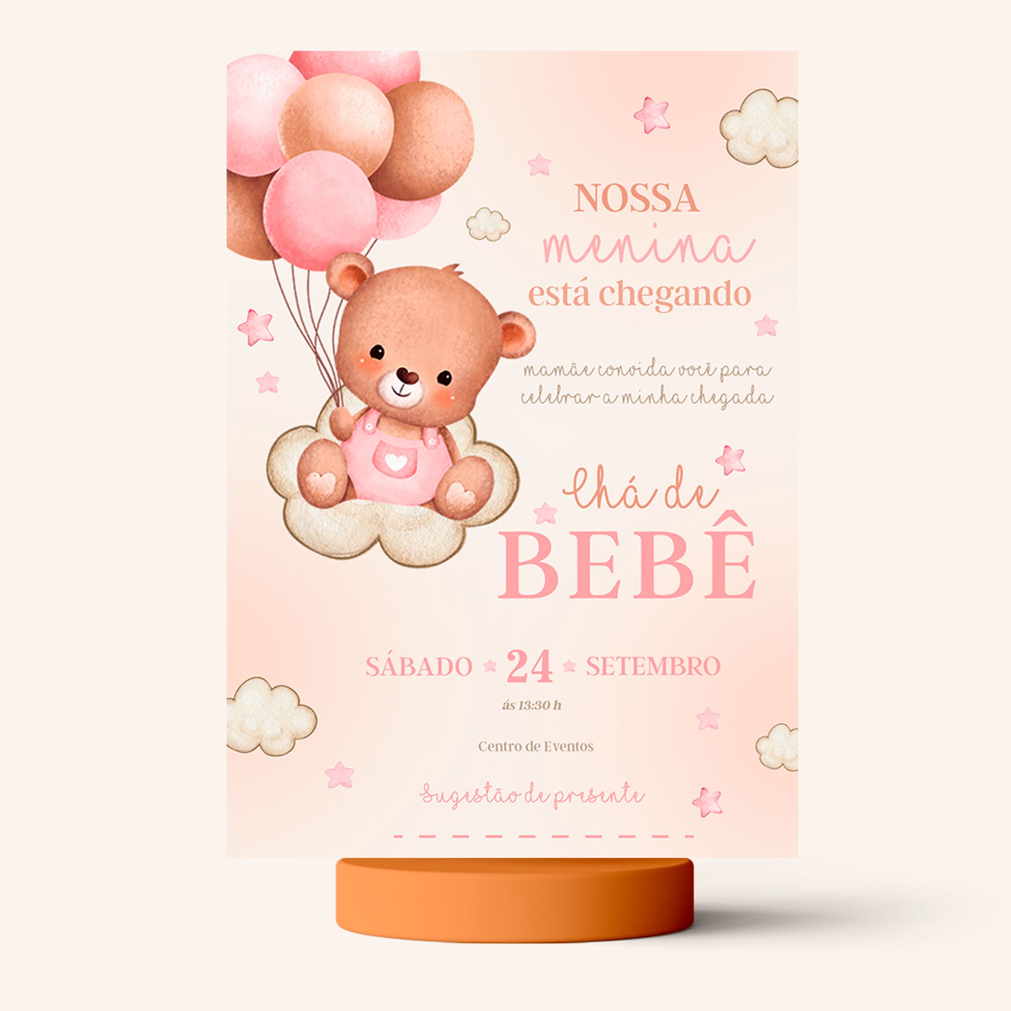 Invitación digital para baby shower con osito de peluche