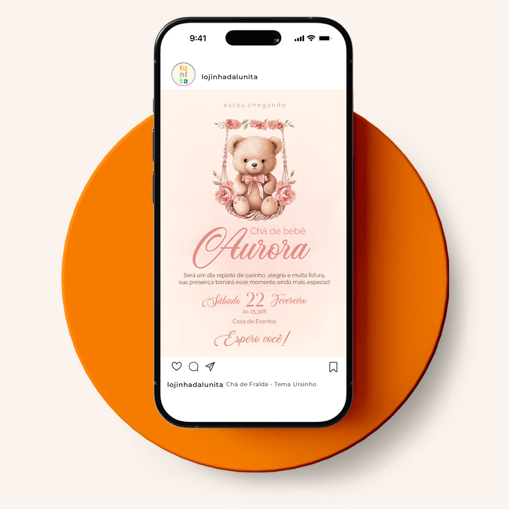 Invitación digital para baby shower con osito de peluche