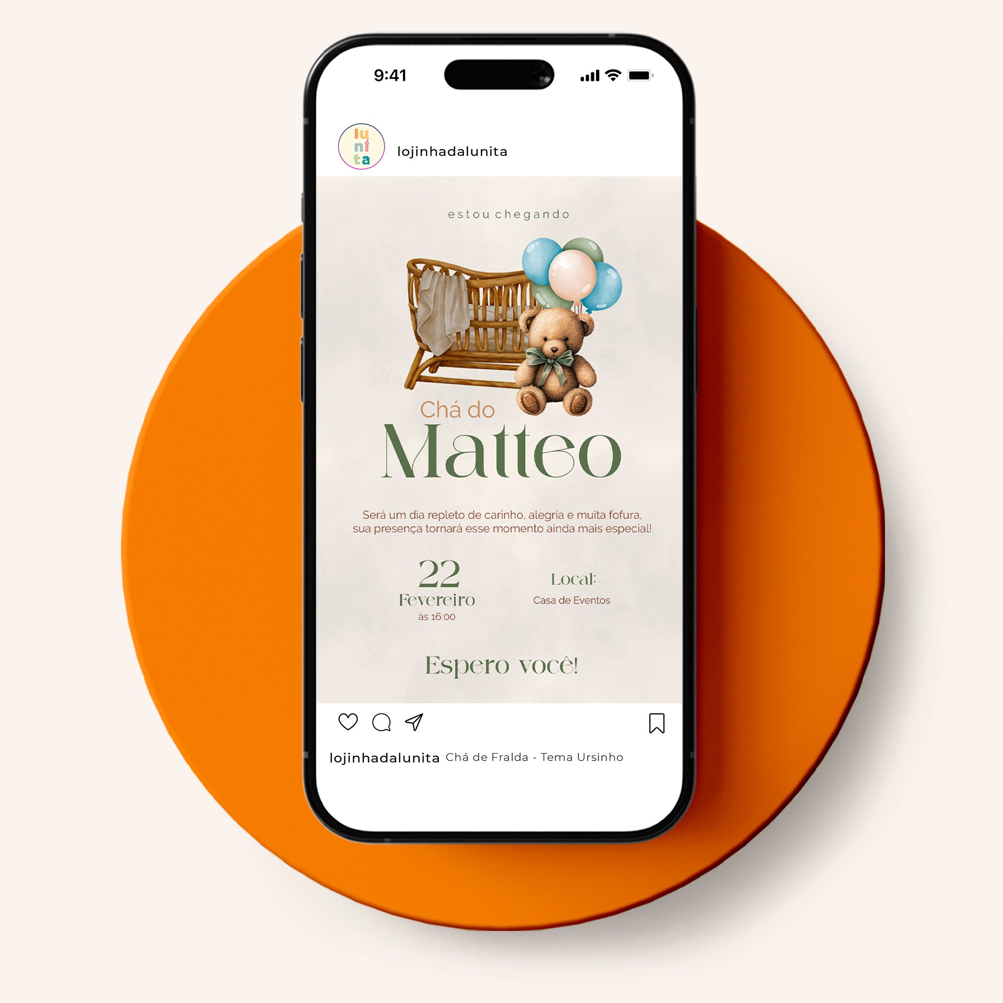 Invitación digital para baby shower con osito de peluche