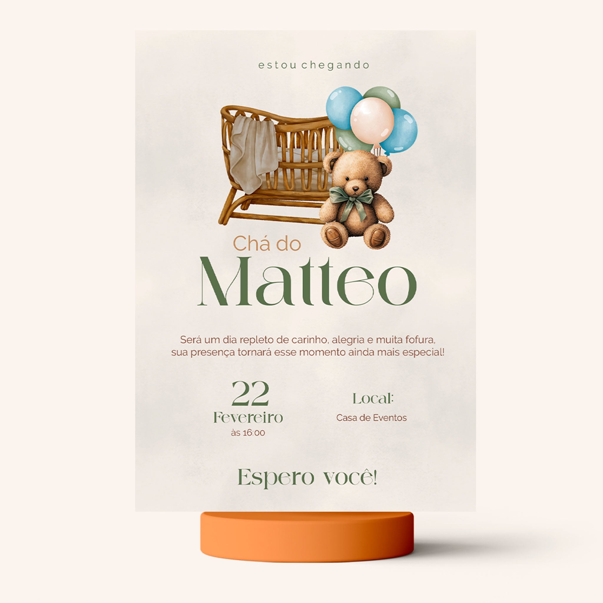 Invitación digital para baby shower con osito de peluche