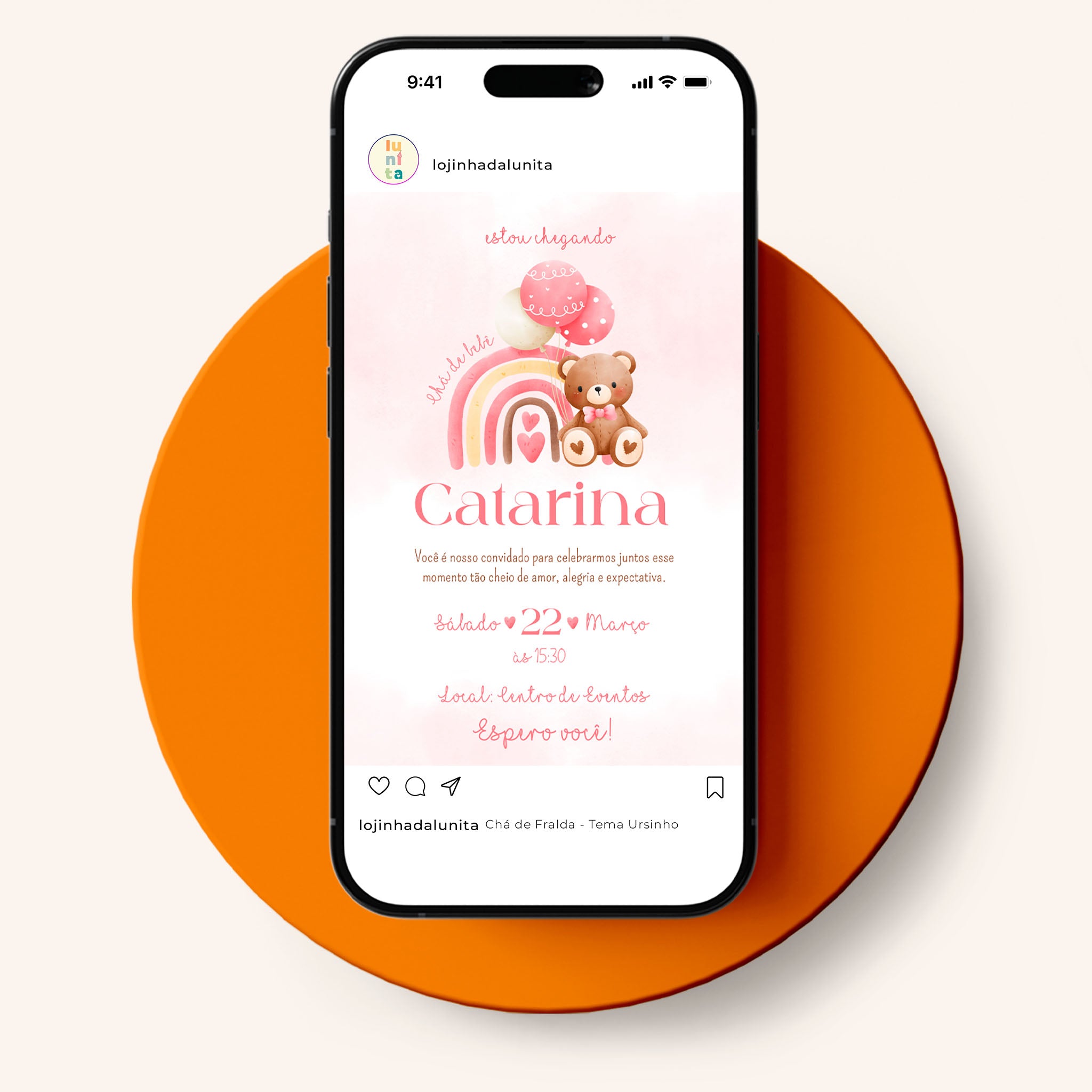 Invitación digital para baby shower con osito de peluche