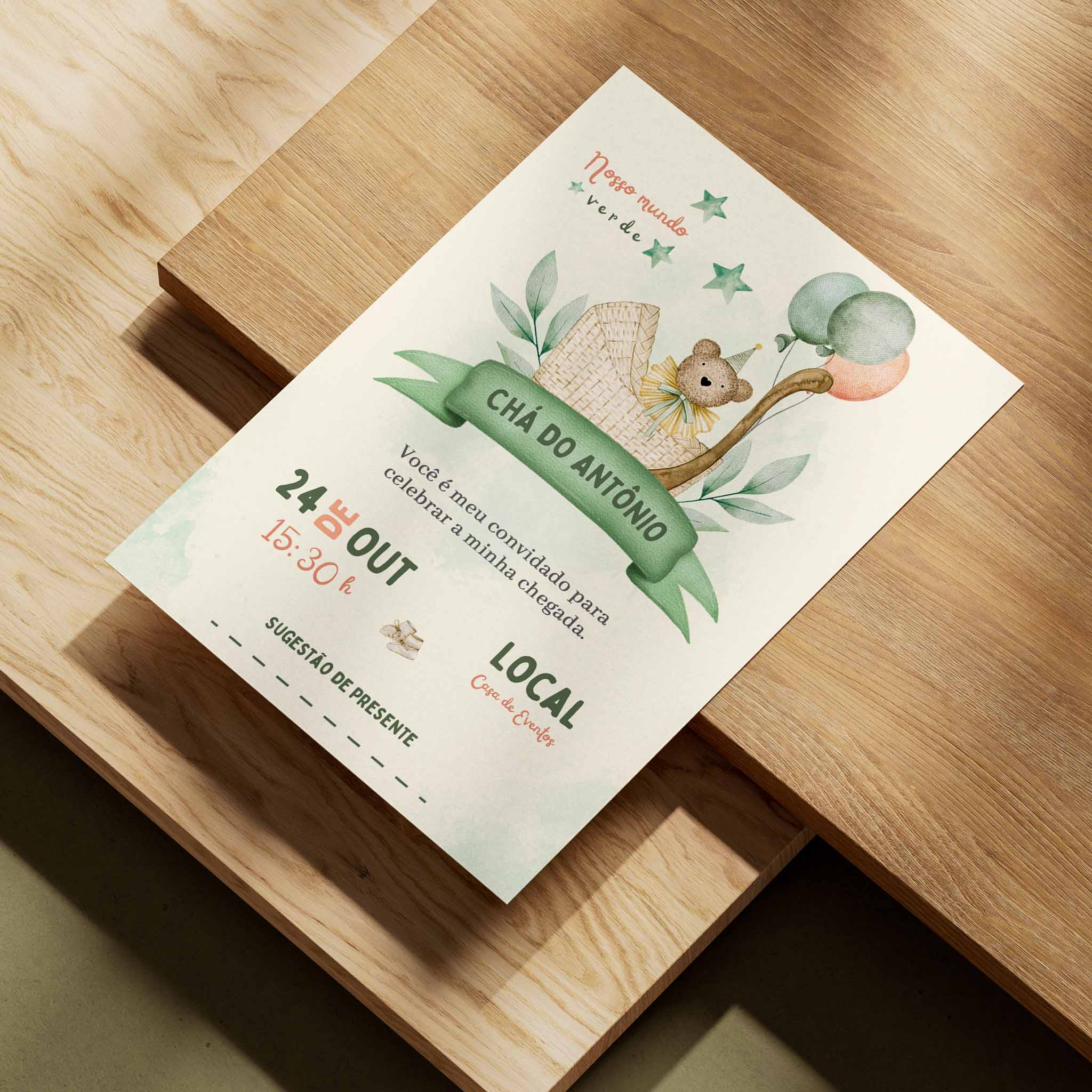 Invitación digital para baby shower con osito de peluche