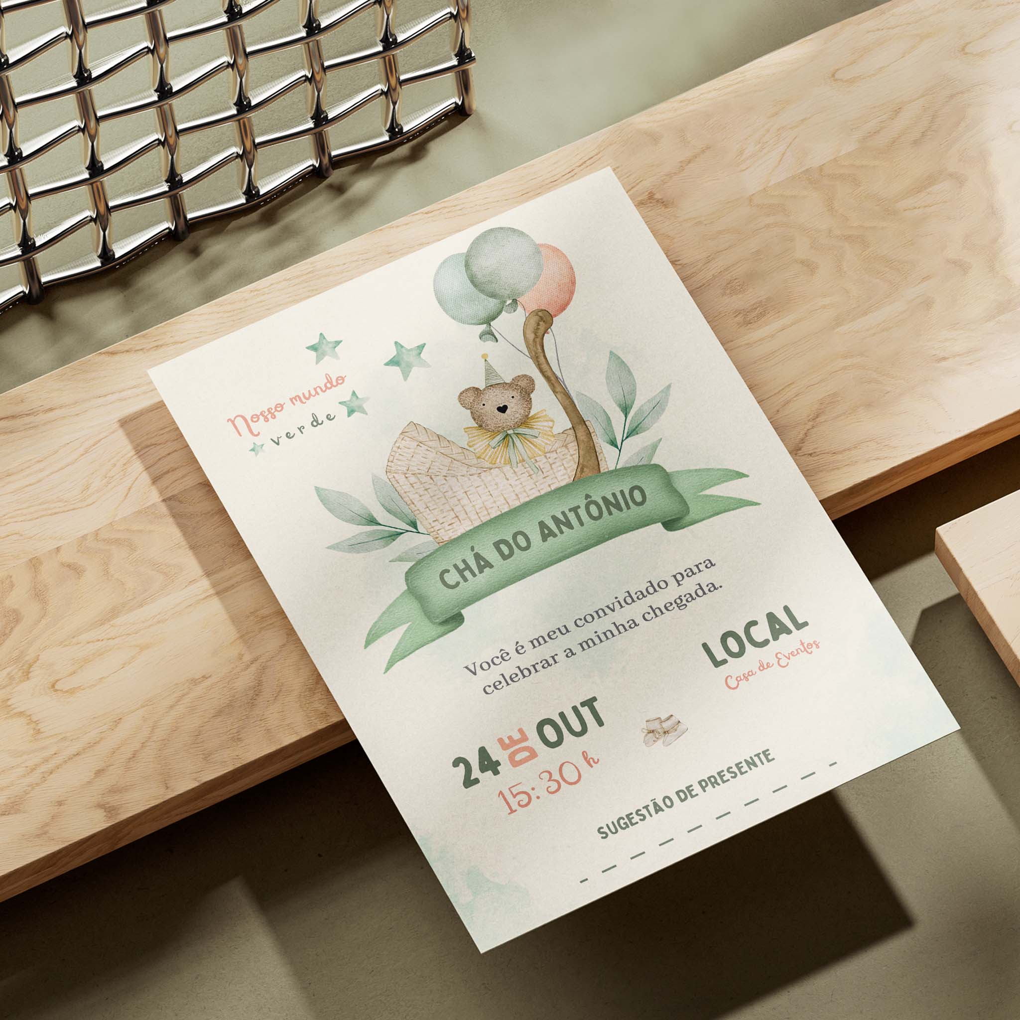 Invitación digital para baby shower con osito de peluche