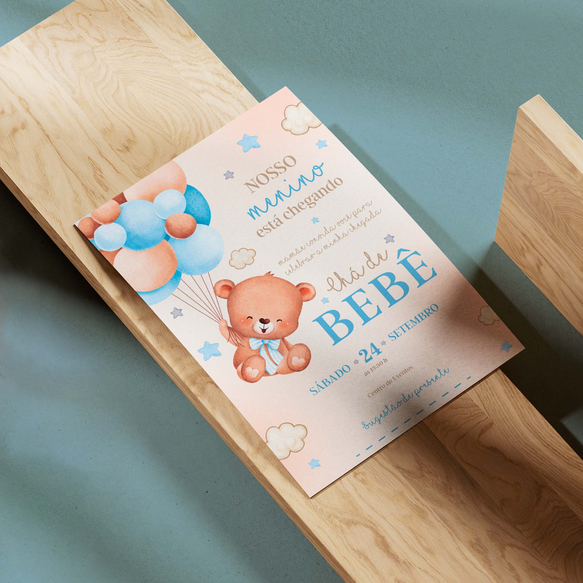 Invitación digital para baby shower con osito de peluche