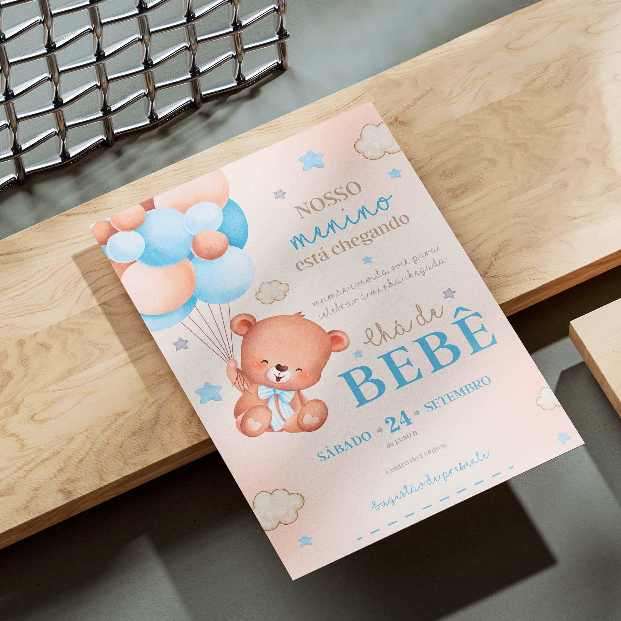 Invitación digital para baby shower con osito de peluche