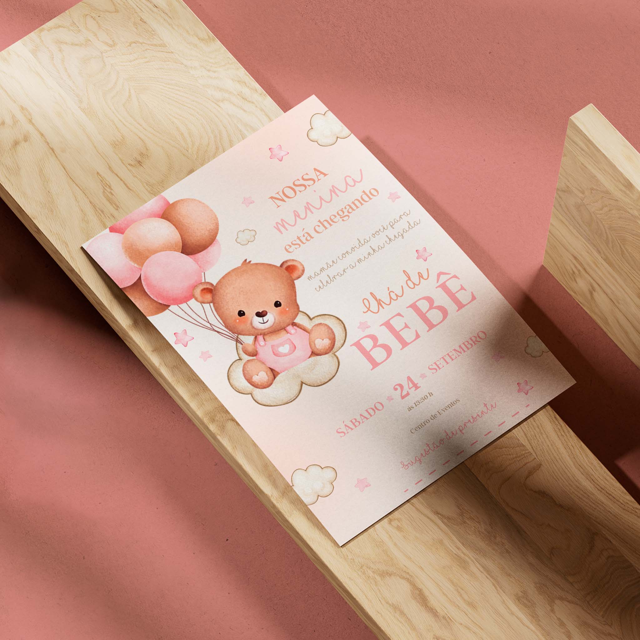 Invitación digital para baby shower con osito de peluche