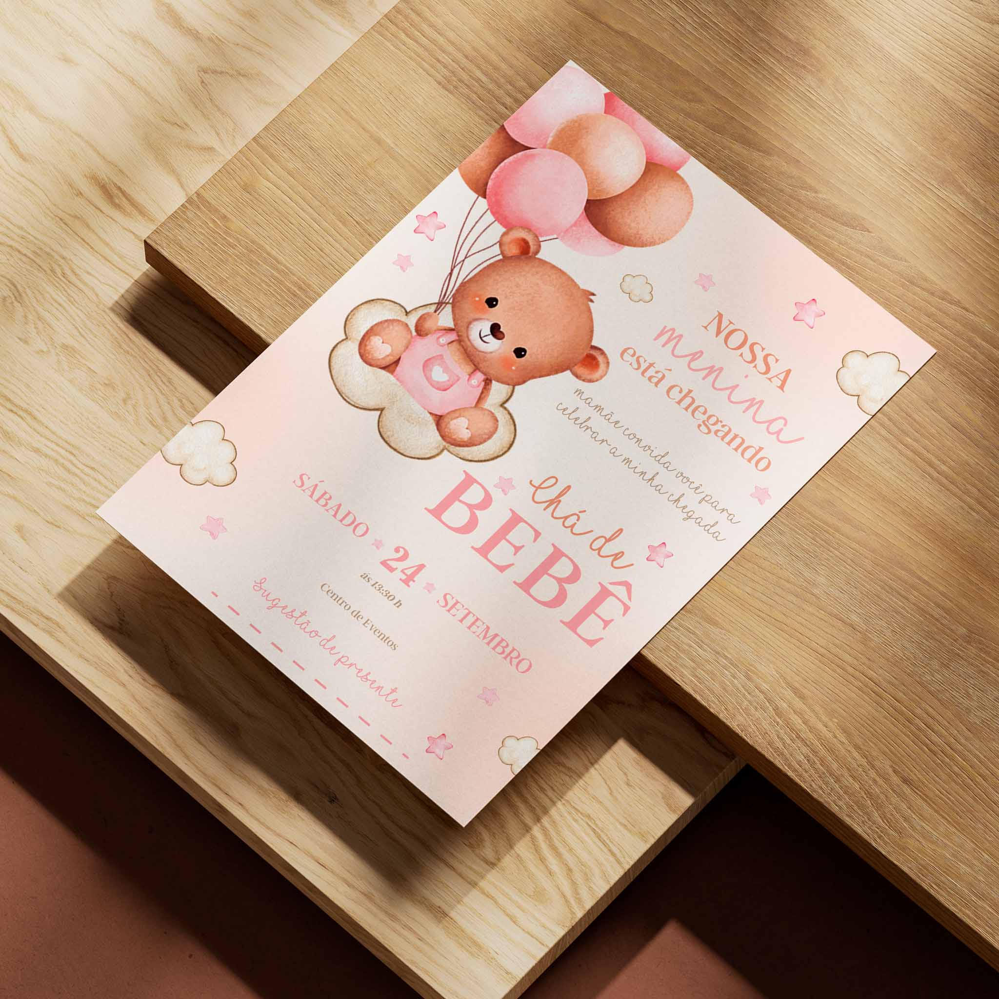 Invitación digital para baby shower con osito de peluche