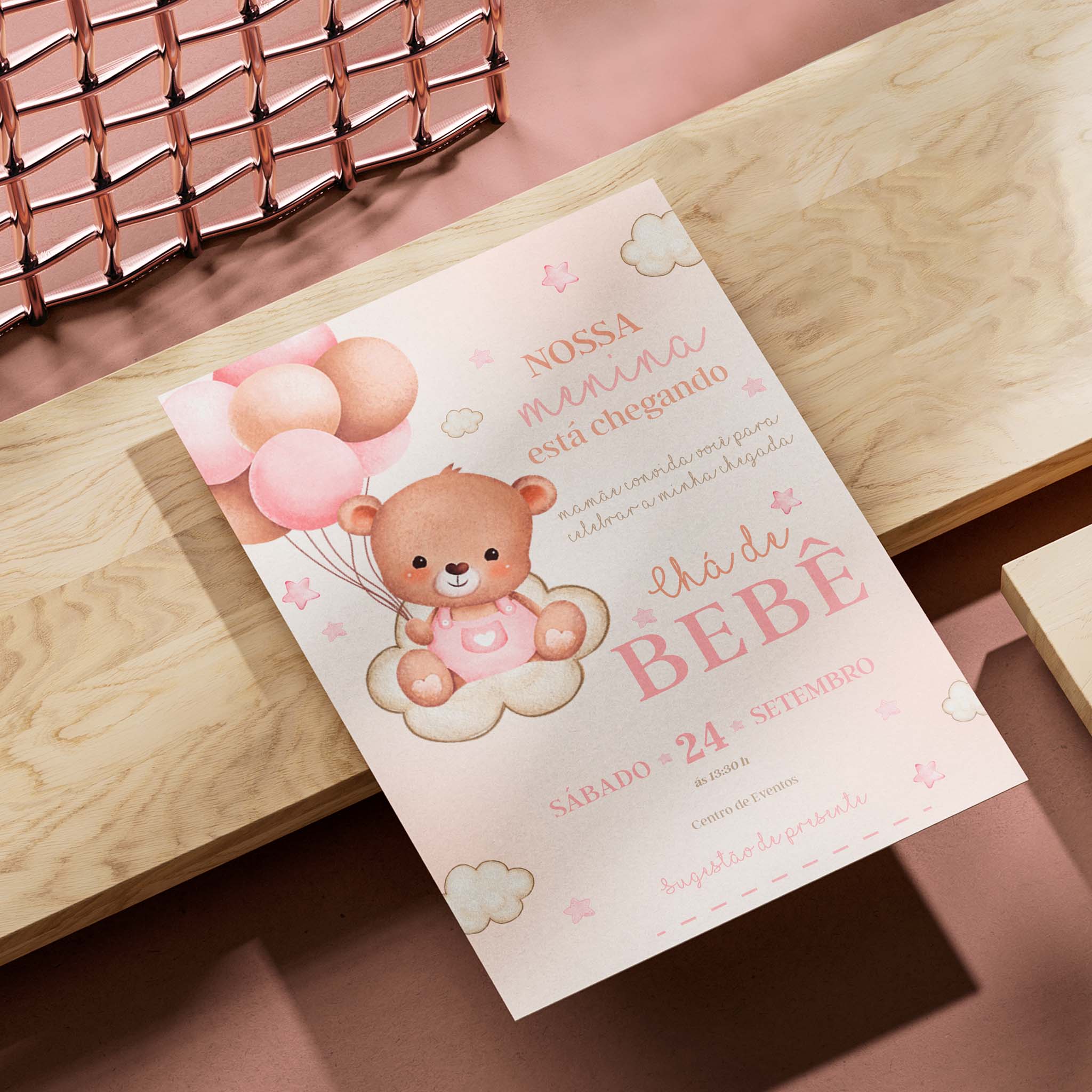 Invitación digital para baby shower con osito de peluche