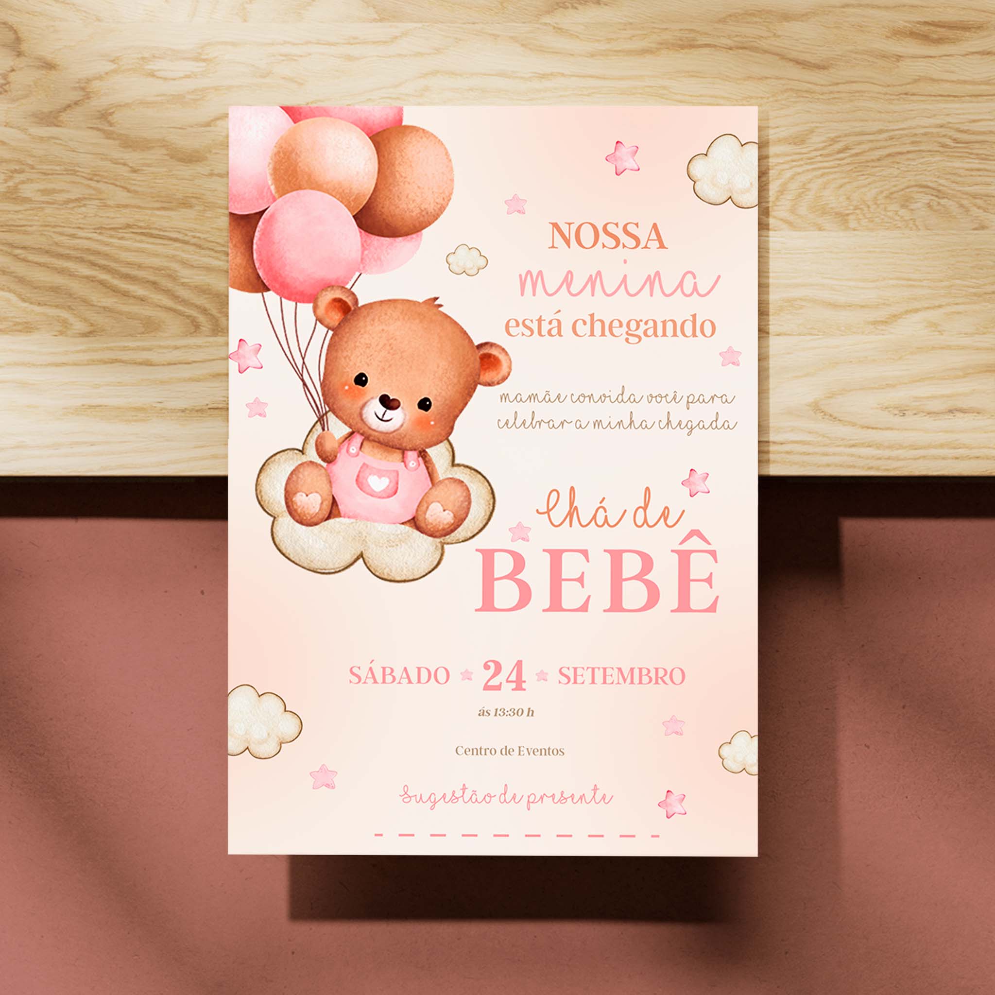 Invitación digital para baby shower con osito de peluche