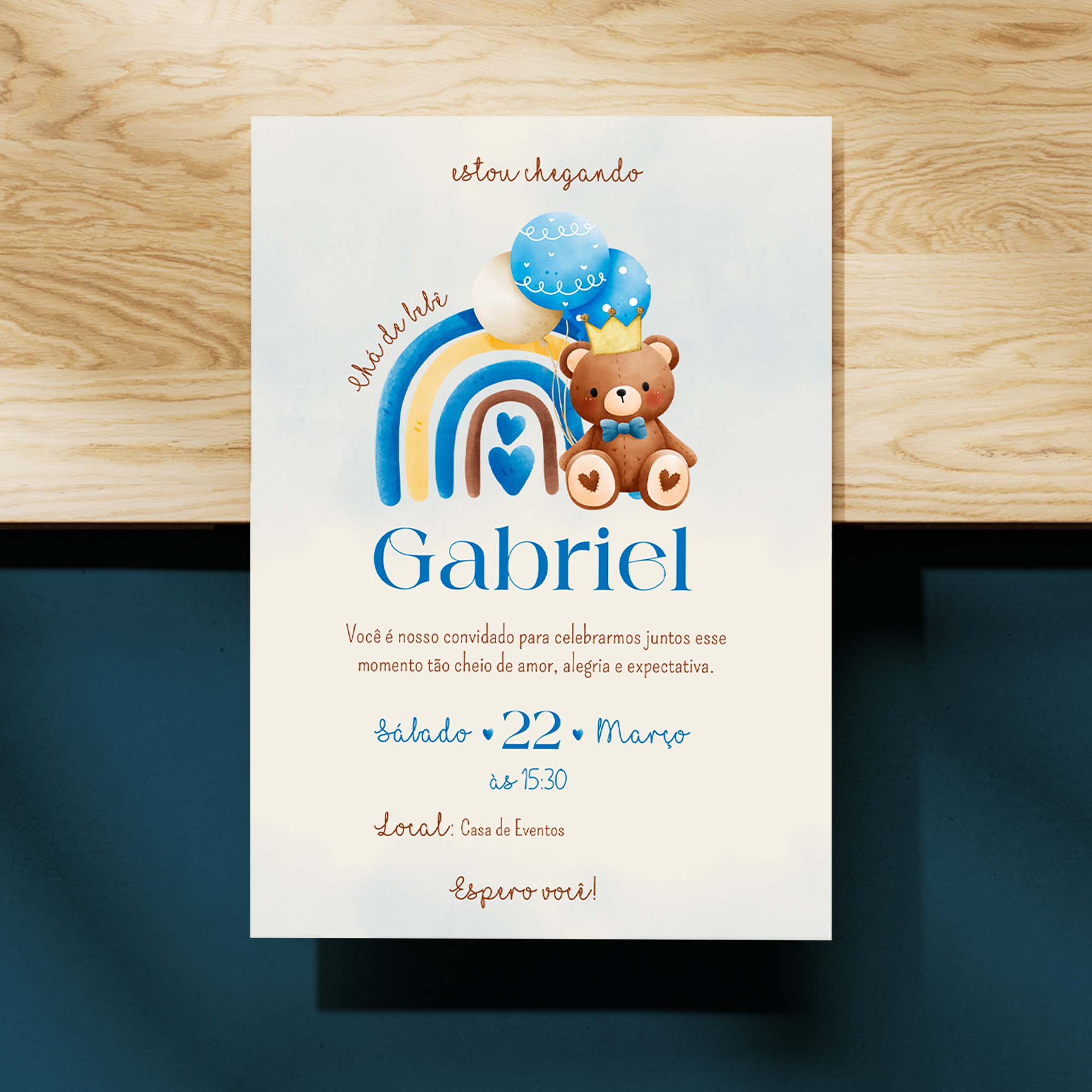 Invitación digital para baby shower con osito de peluche