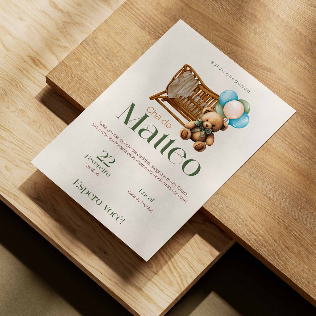 Invitación digital para baby shower con osito de peluche