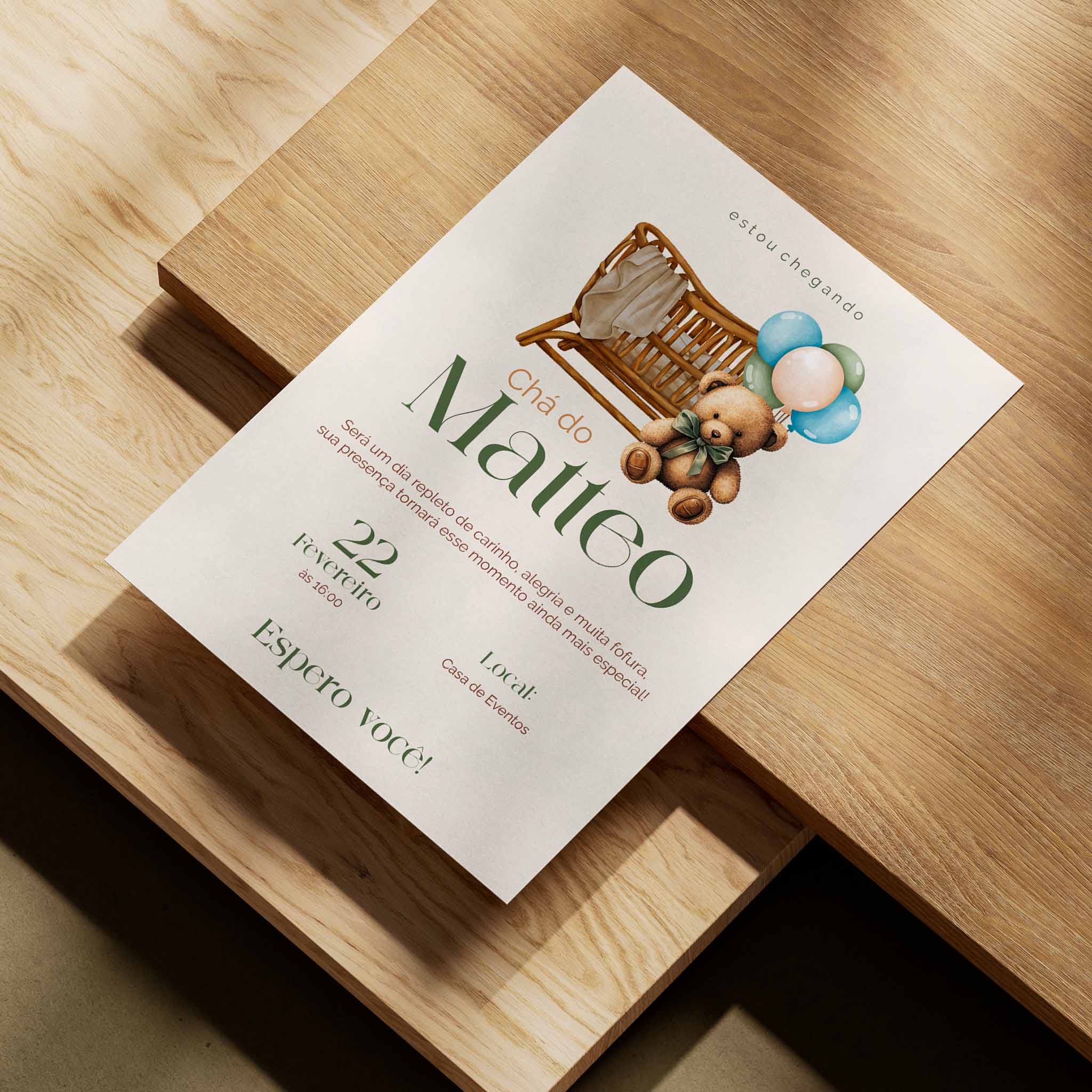 Invitación digital para baby shower con osito de peluche