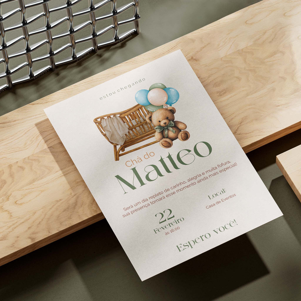 Invitación digital para baby shower con osito de peluche