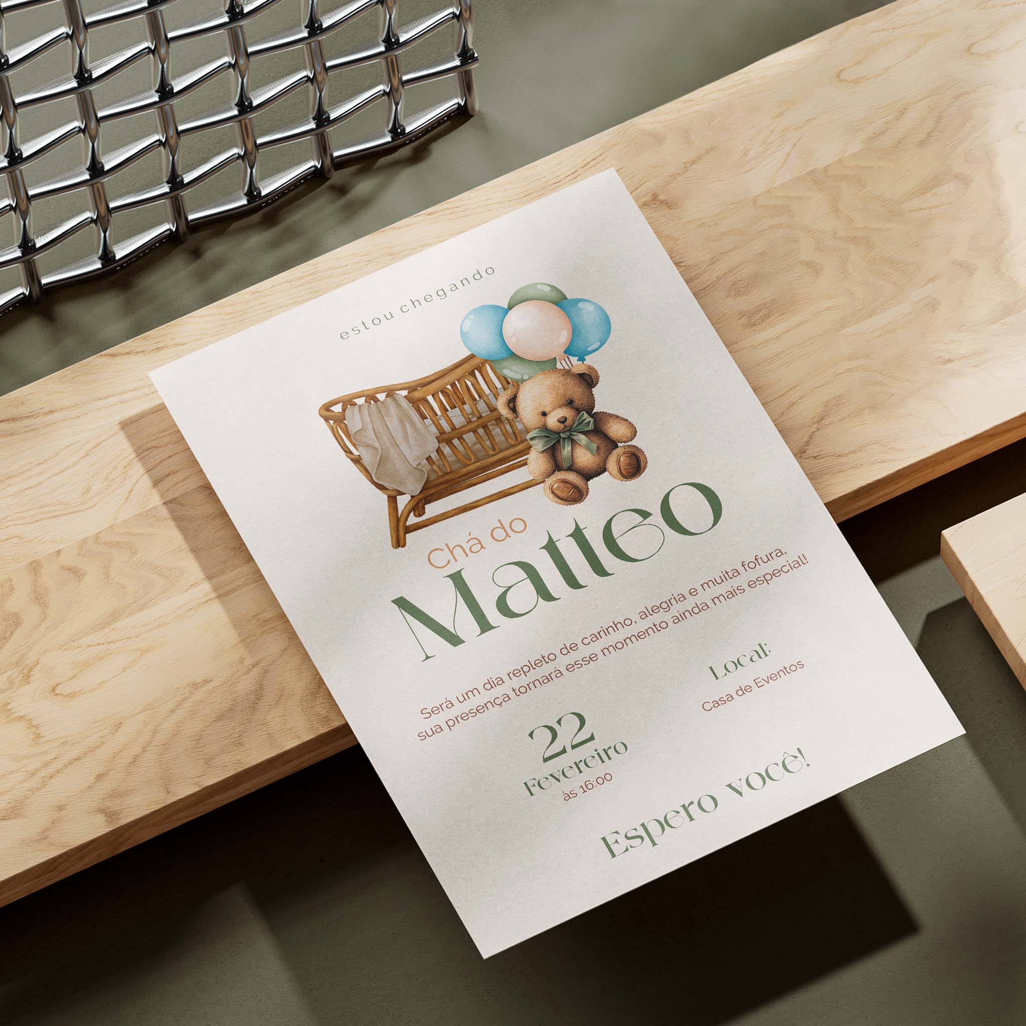 Invitación digital para baby shower con osito de peluche