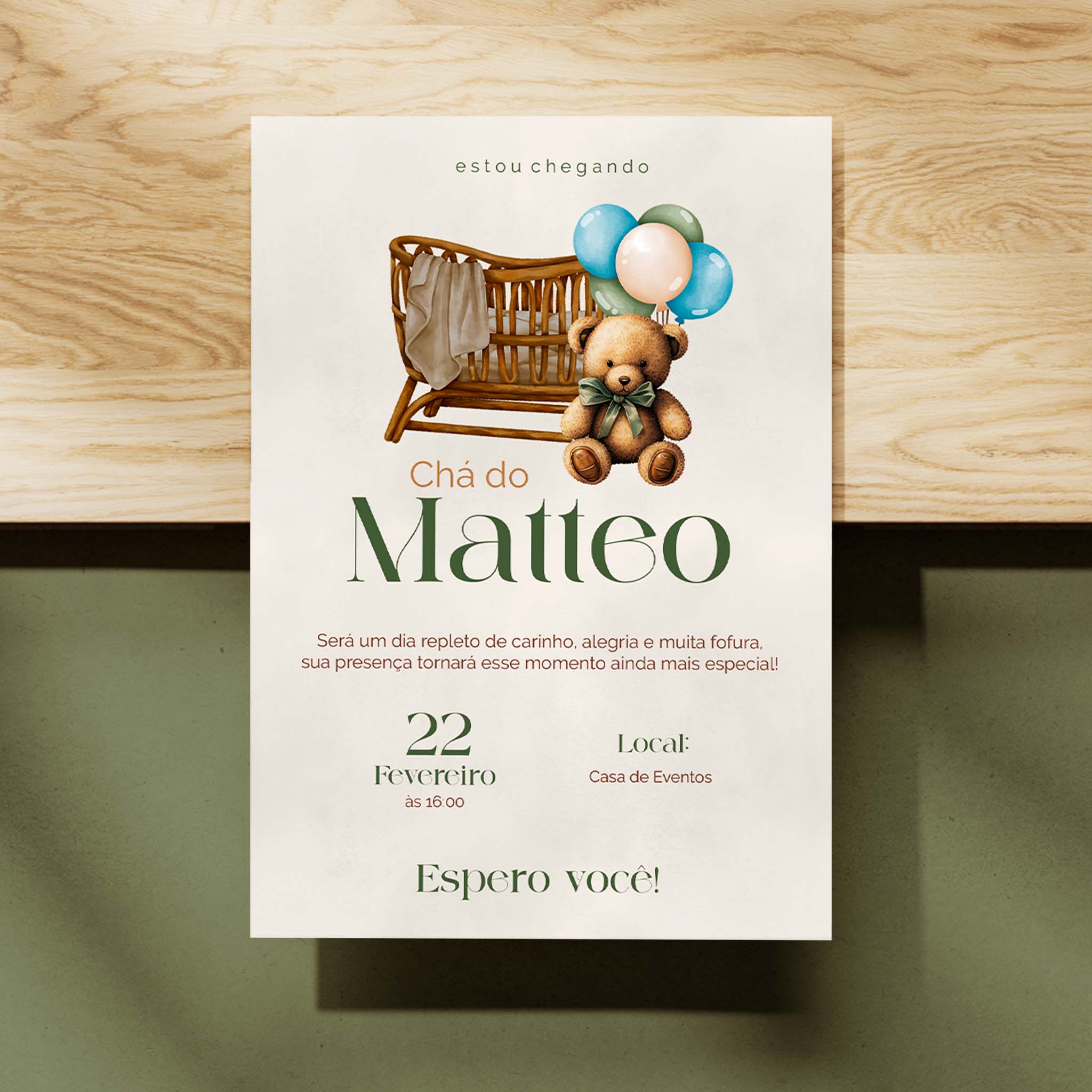 Invitación digital para baby shower con osito de peluche