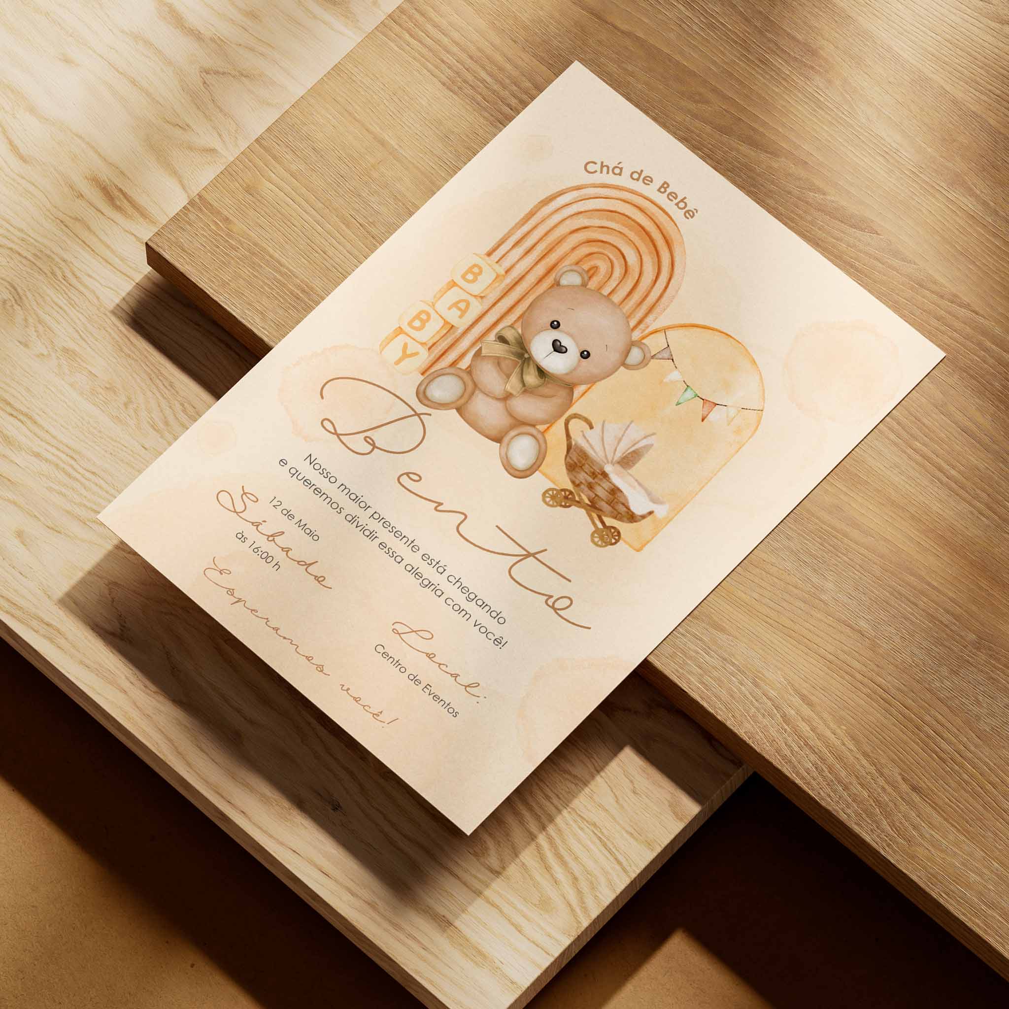 Invitación digital para baby shower con osito de peluche