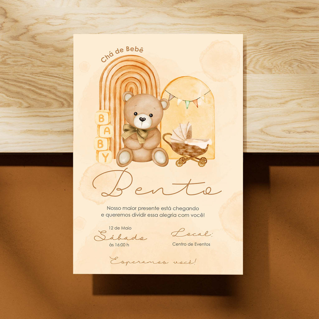 Invitación digital para baby shower con osito de peluche